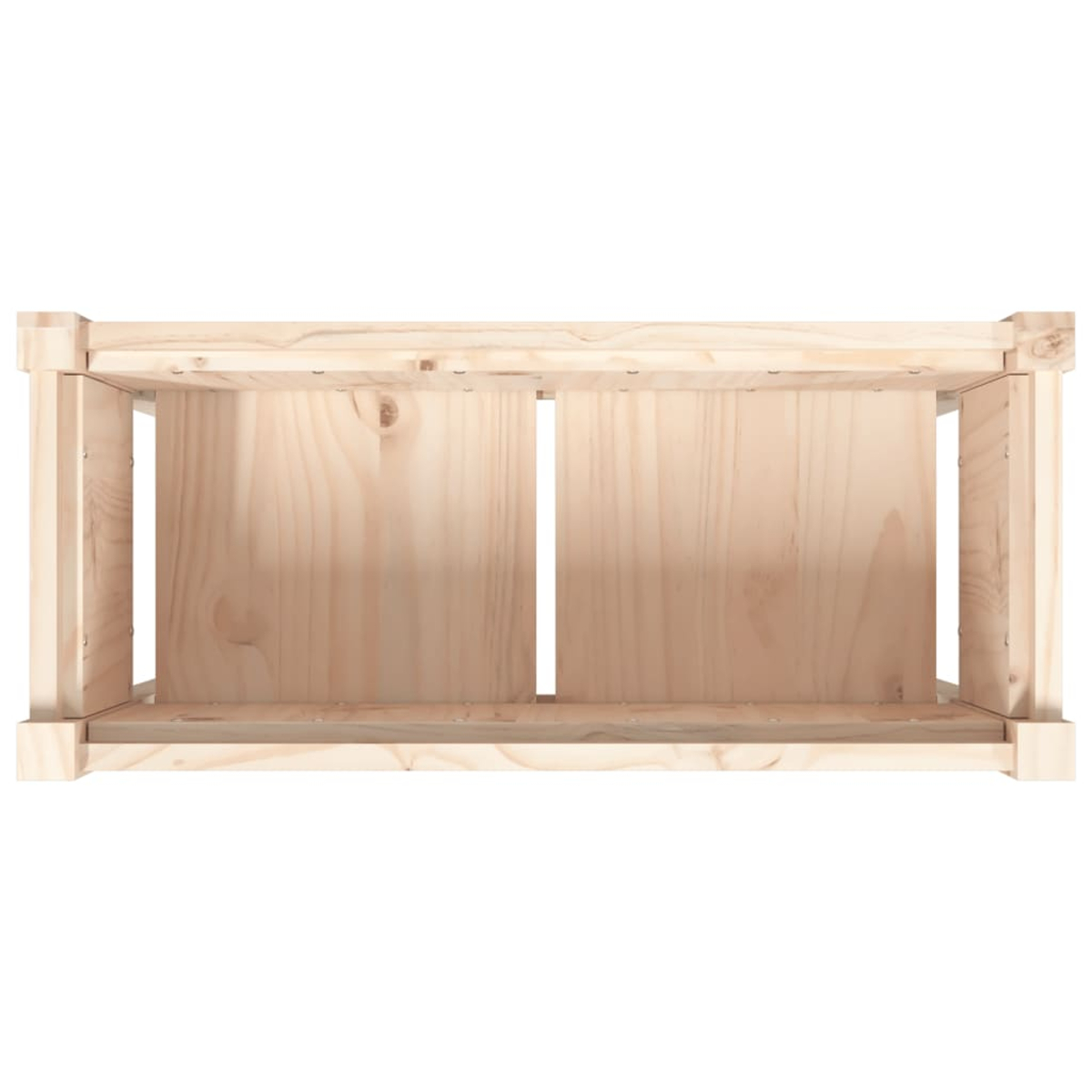 Eine Holzkiste, hellbraun, mit zwei Trennwänden im Inneren. Die Kiste ist leer und von oben gesehen.