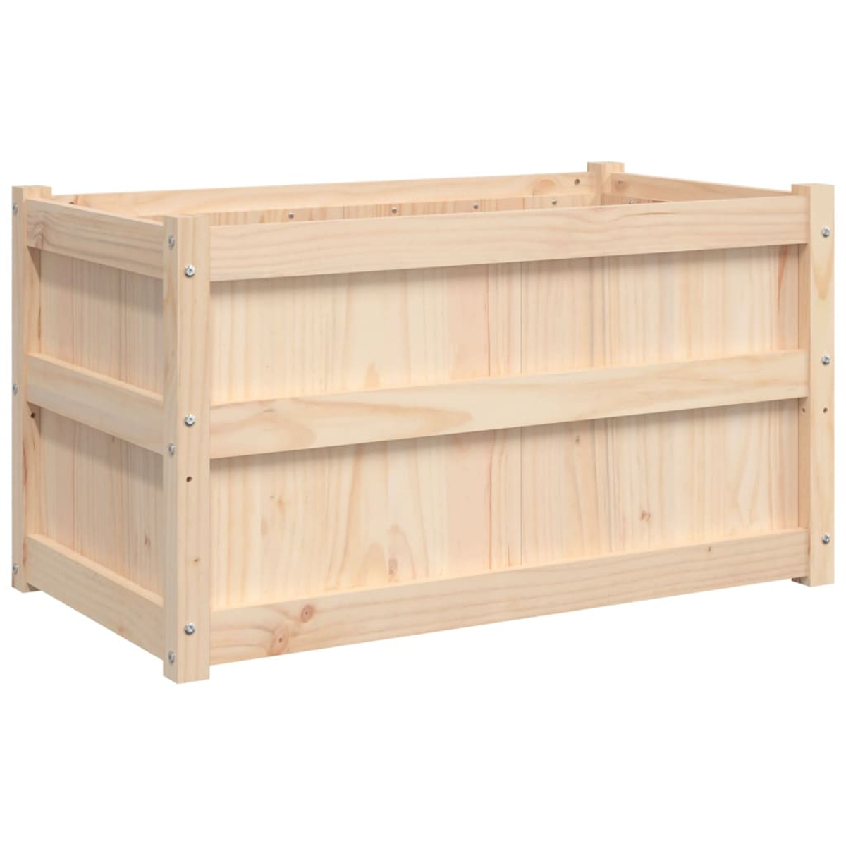 Eine rechteckige Holzkiste. Sie besteht aus hellem Holz mit vertikalen Brettern und horizontalen Stützen. Metallschrauben sind sichtbar.