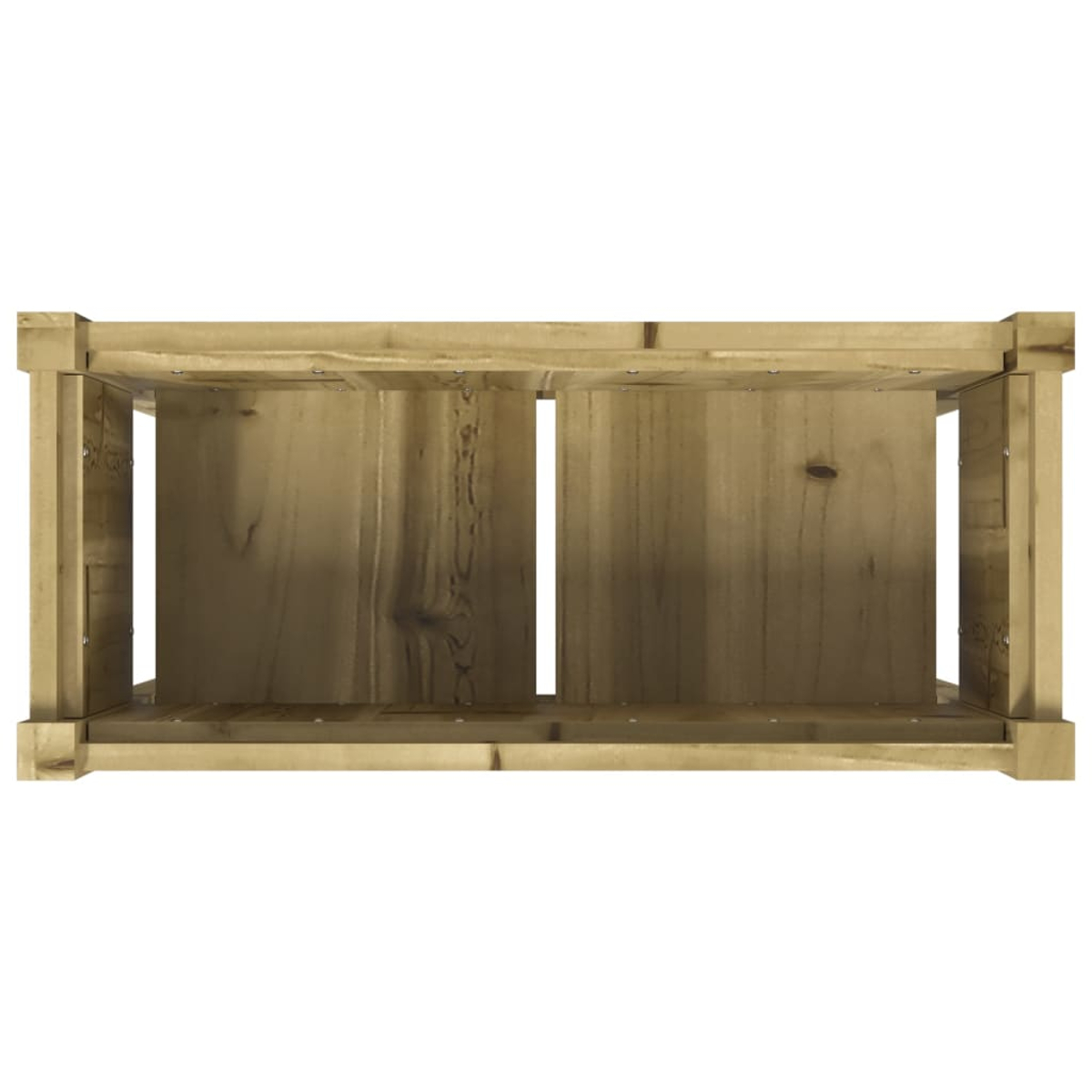 Draufsicht auf eine rechteckige Holzkiste mit zwei inneren Trennwänden. Das Holz ist hellbraun mit sichtbarer Maserung.