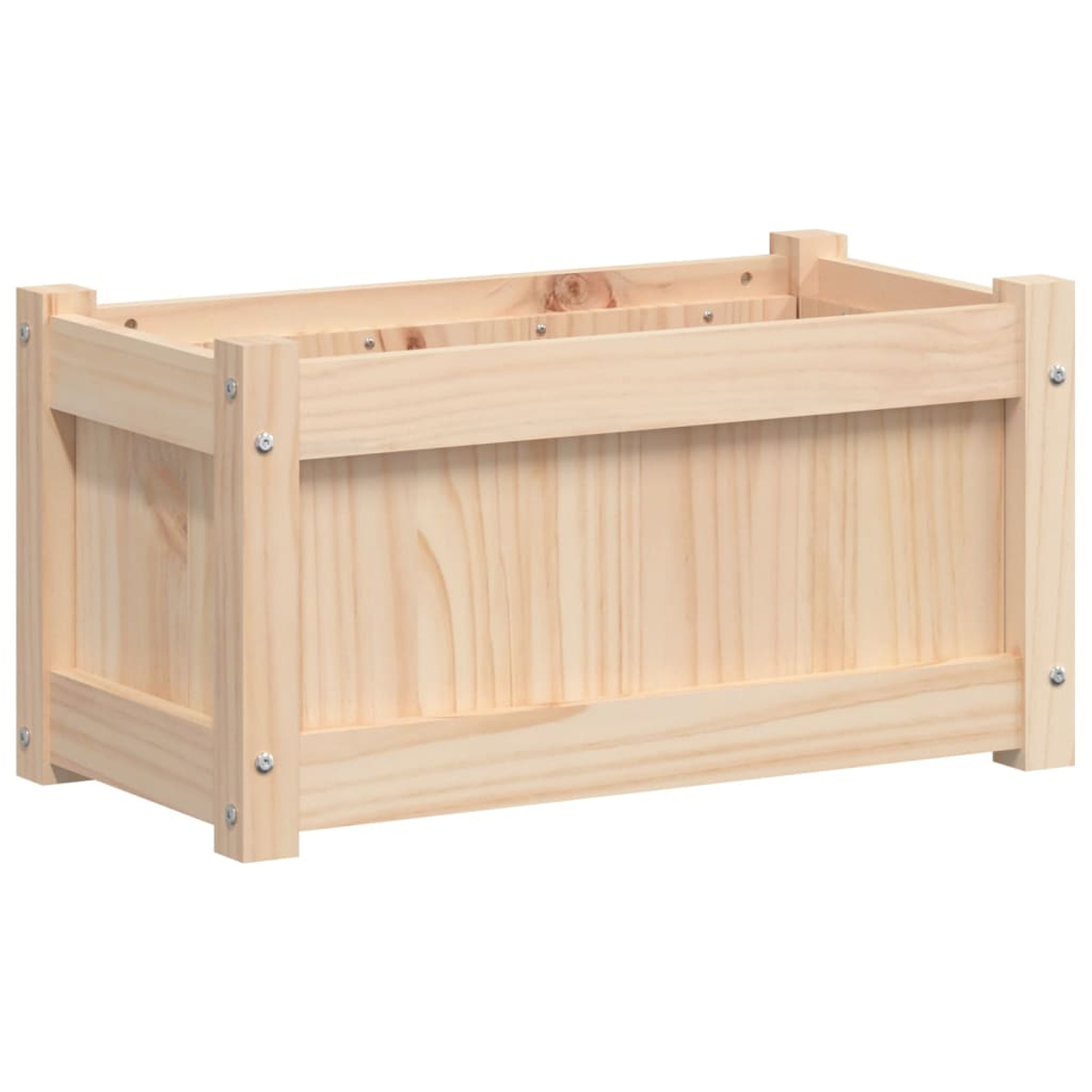 Eine rechteckige Holzpflanzkasten aus hellfarbigem Holz. Er hat Eckpfosten, und die Holzmaserung ist auf den Paneelen sichtbar.