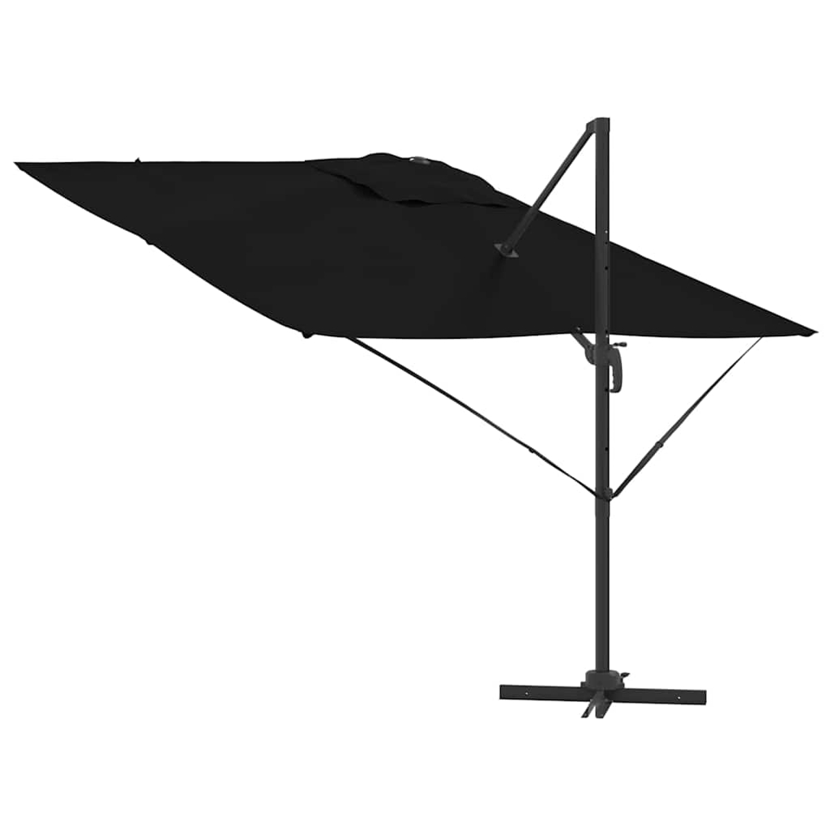 Ein schwarzer, quadratischer Ausleger-Sonnenschirm. Das Gestell ist dunkelgrau und steht auf einem kreuzförmigen Sockel. Der Schirm ist vollständig geöffnet.