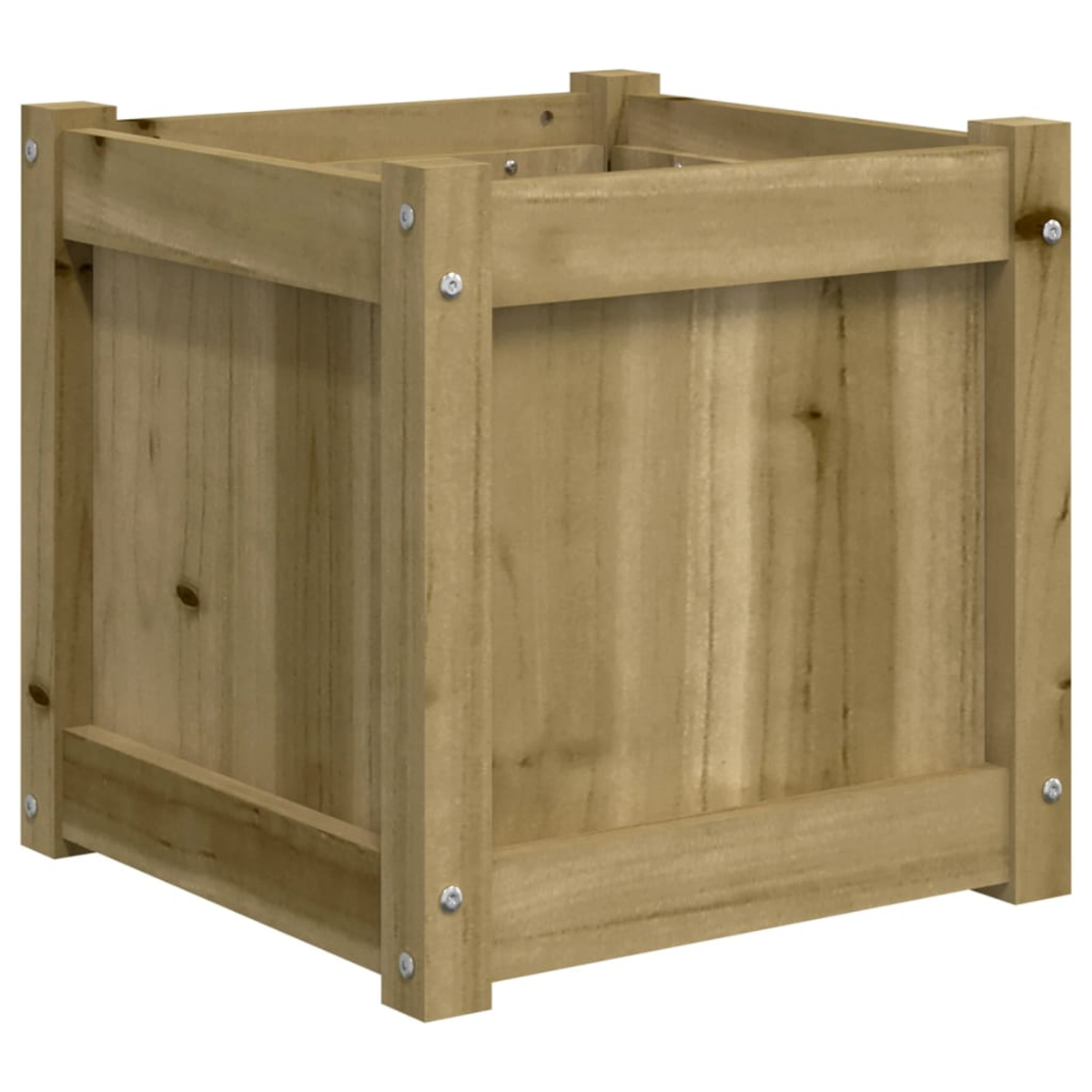 Ein quadratischer Pflanzkasten aus Holz. Er hat hellbraunes Holz, konstruiert mit sichtbaren Schrauben. Die Box hat ein einfaches, robustes Design.