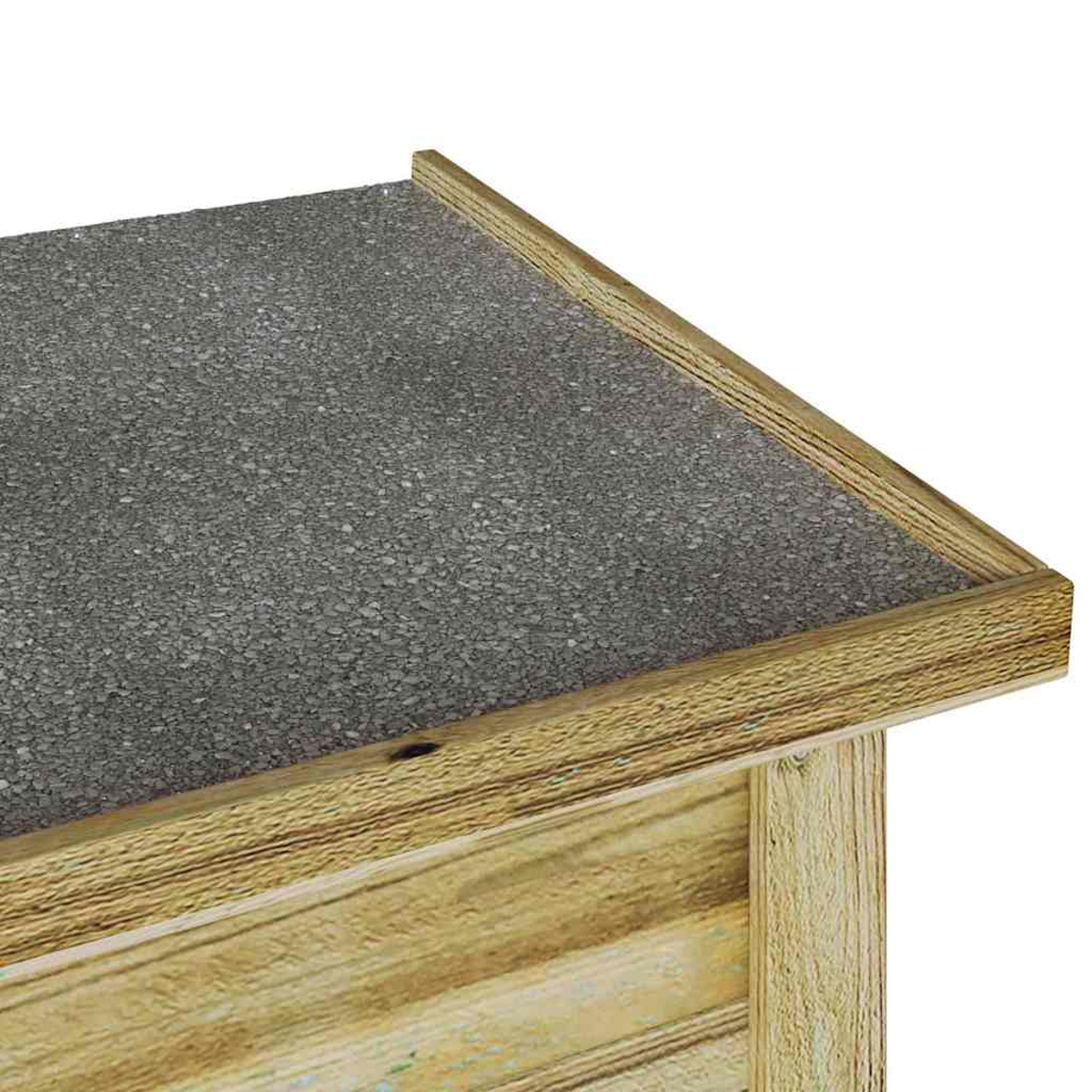 Nahaufnahme einer Holzkonstruktion mit grau strukturierter Oberseite und hellbraunem Holzrahmen. Die Seite besteht aus vertikalen Brettern.