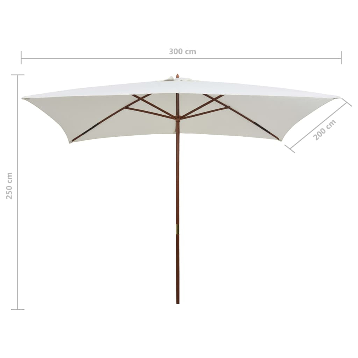 Weißer rechteckiger Sonnenschirm, Holzrahmen, offen. Abmessungen: 300 cm breit, 200 cm tief, 250 cm hoch.