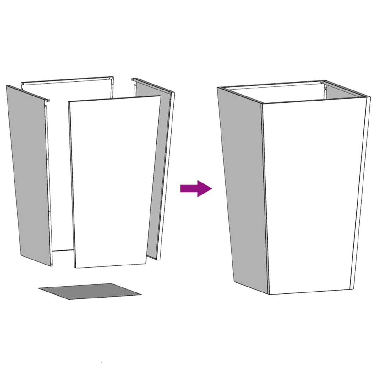 Diagramm, das den Zusammenbau eines grau-weißen quadratischen Pflanzgefäßes zeigt. Teile sind getrennt, ein Pfeil zeigt die Montage an.