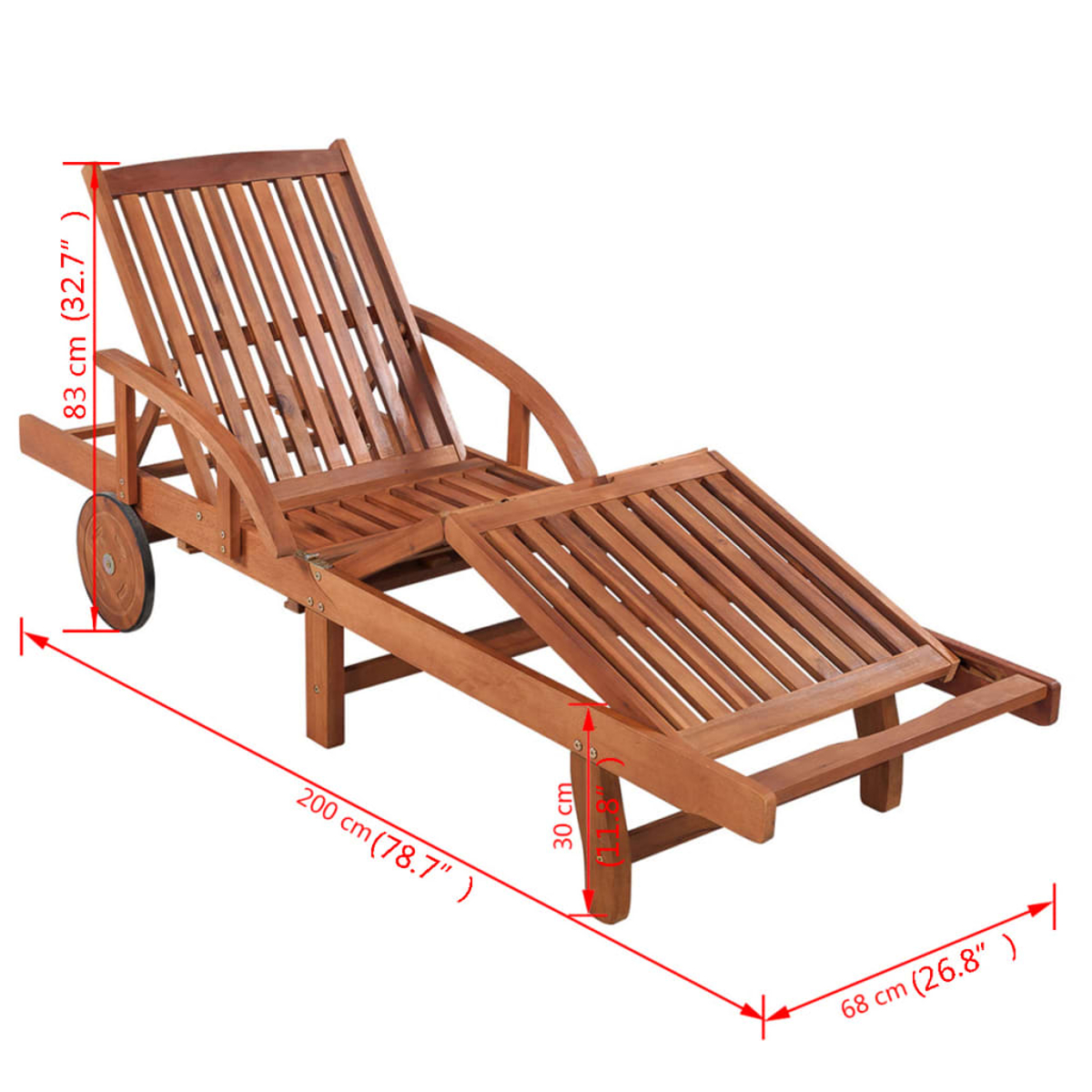 Holzliege mit den Maßen: 200 cm lang, 68 cm breit und 83 cm hoch. Sie hat eine Fußstütze und Räder für einfaches Bewegen.