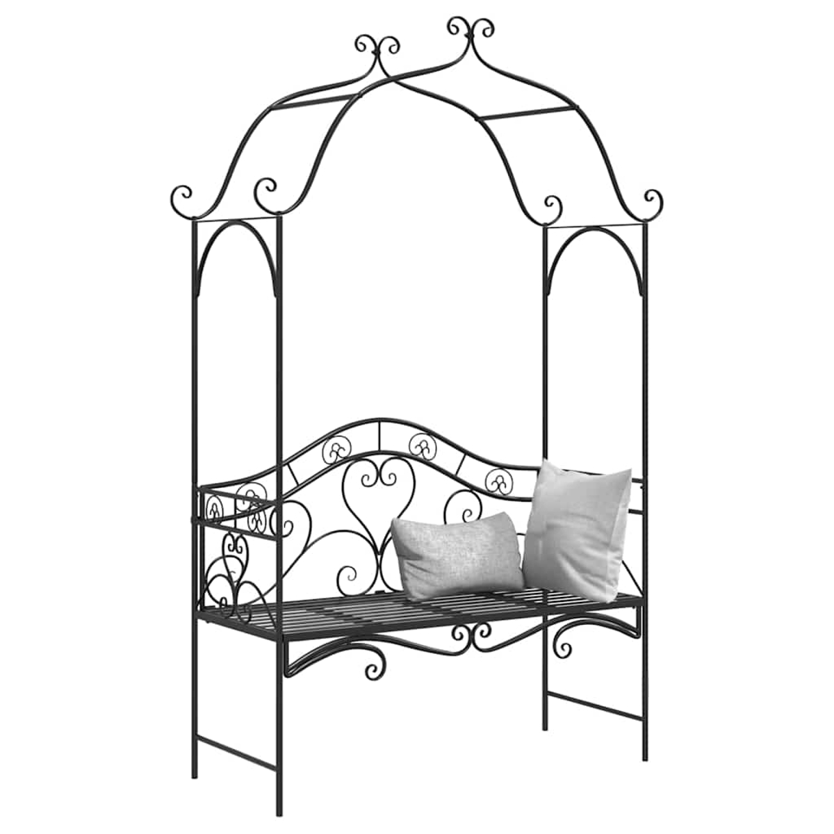 Panca da giardino in ferro battuto nero con arco, due cuscini e dettagli decorativi. Sfondo bianco.