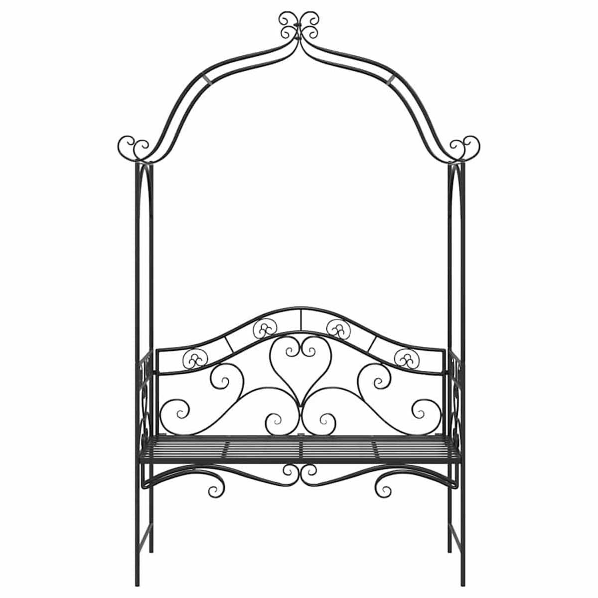 Panchina da giardino in ferro battuto nero con parte superiore ad arco, dettagli a forma di cuore e volute su sfondo bianco.
