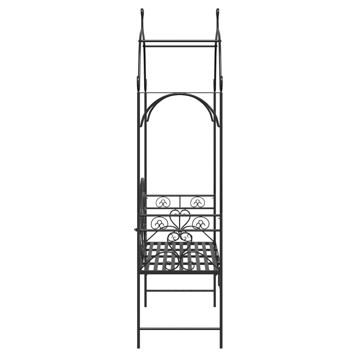 Panca da giardino in metallo nero con decorazioni a volute e struttura a traliccio, su sfondo bianco.