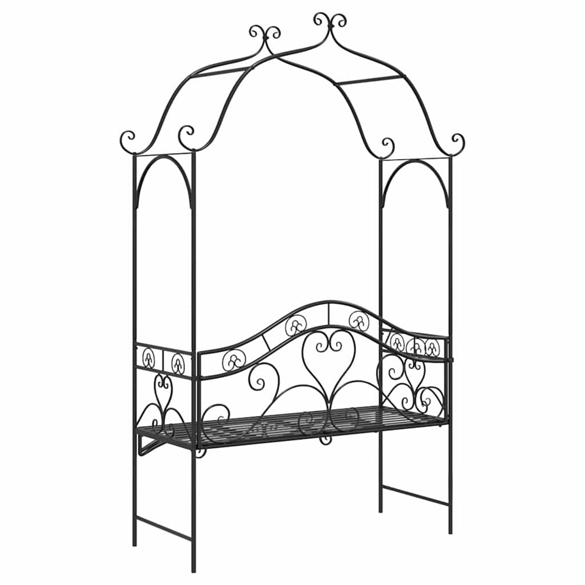 Una panchina da giardino in ferro battuto nero con la parte superiore ad arco. Ha dettagli a cuore e a voluta.