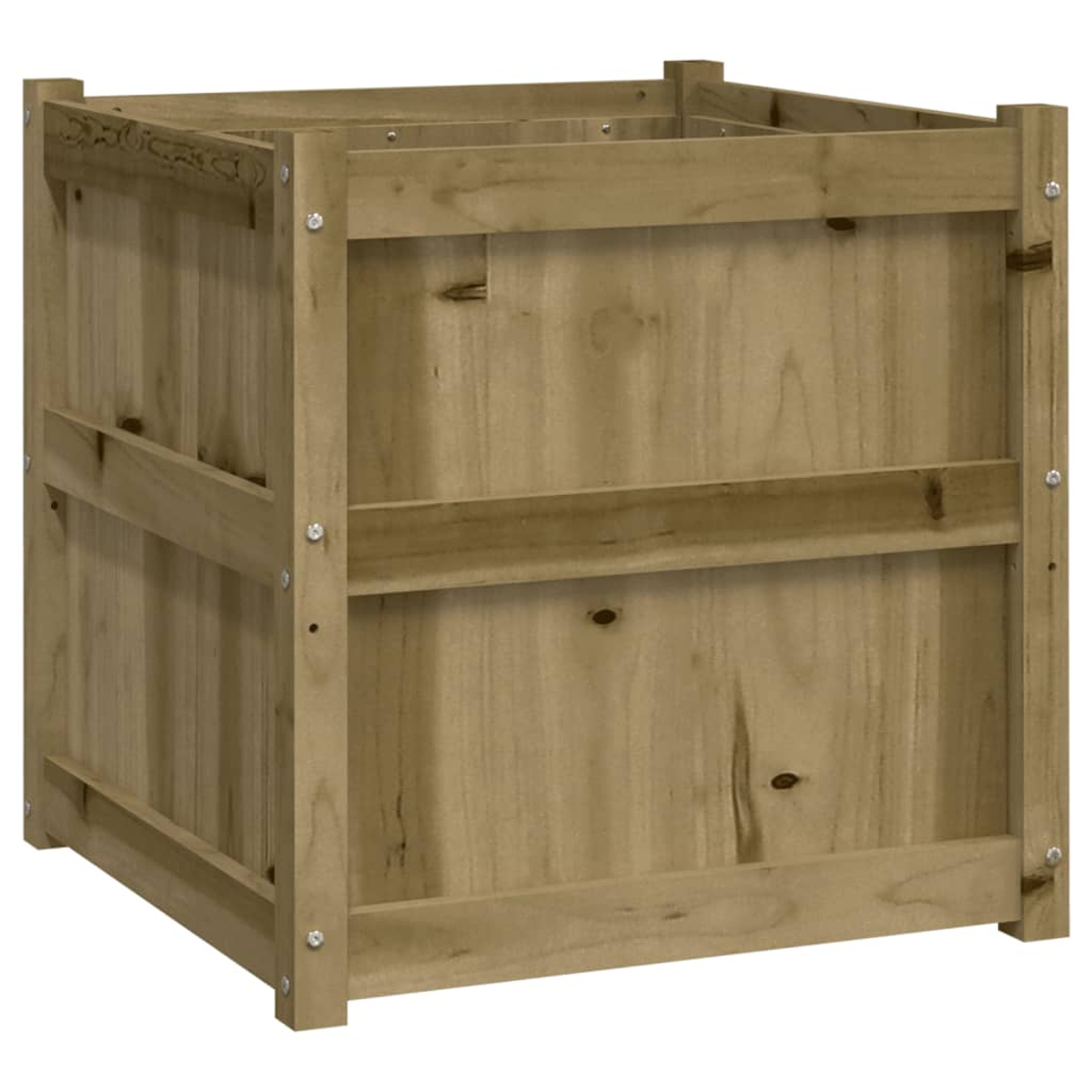 Eine Holzkiste, konstruiert aus Brettern und verstärkt mit horizontalen und vertikalen Stützen. Natürliche Holzfarbe und Maserung sichtbar.