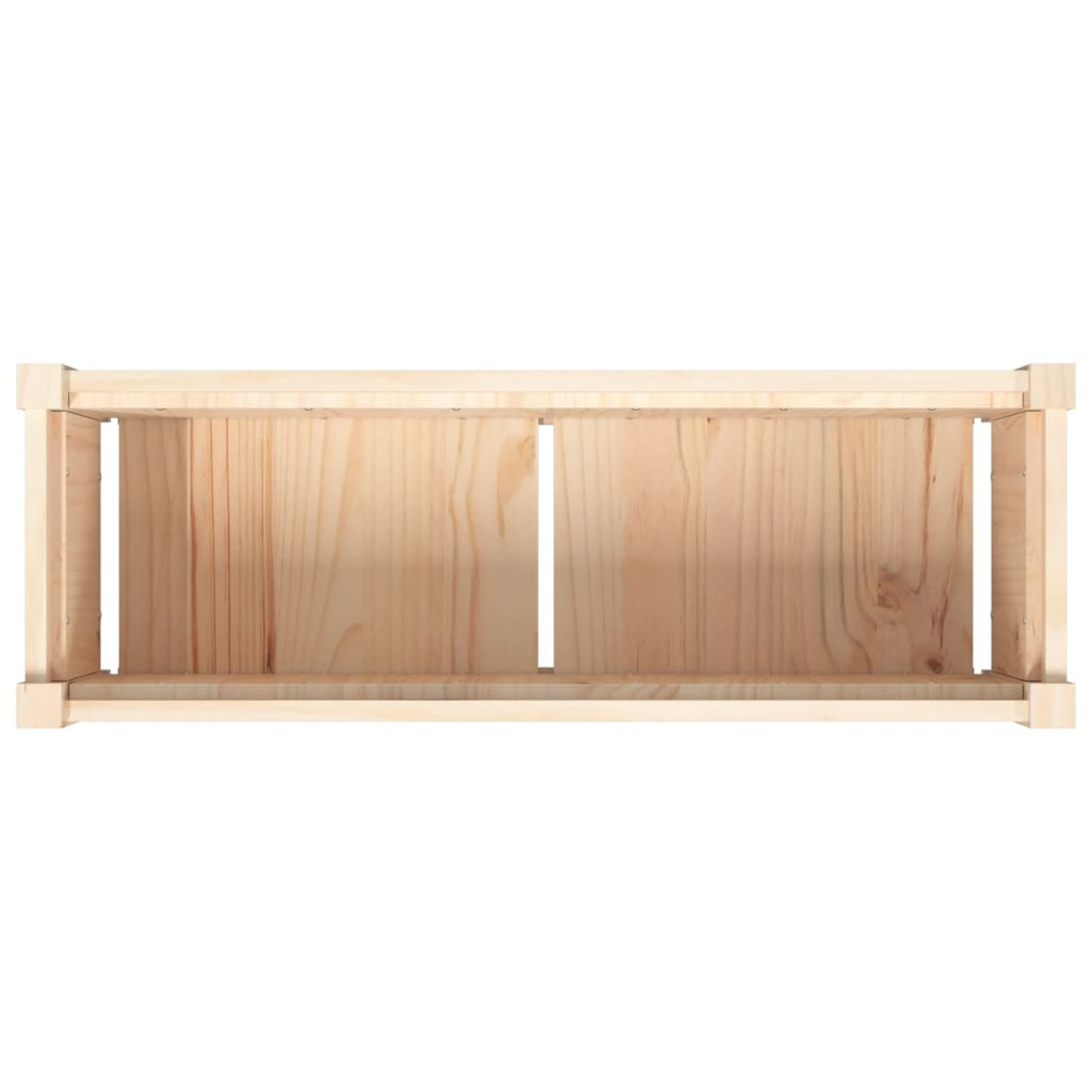 Draufsicht auf eine leere Holzkiste. Die Kiste ist rechteckig und aus hellem Holz gefertigt, mit Latten und einem Boden.