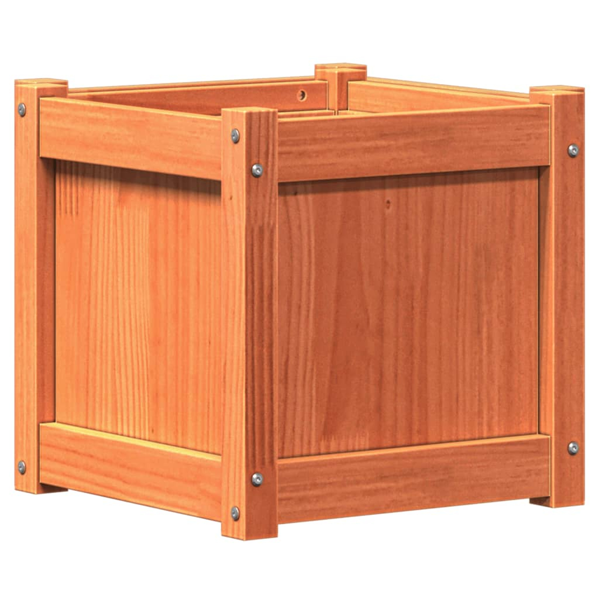 Eine quadratische Pflanzkiste aus Holz, hellbraun. Sie besteht aus vertikalen Eckpfosten und horizontalen Brettern, die mit Schrauben verbunden sind.