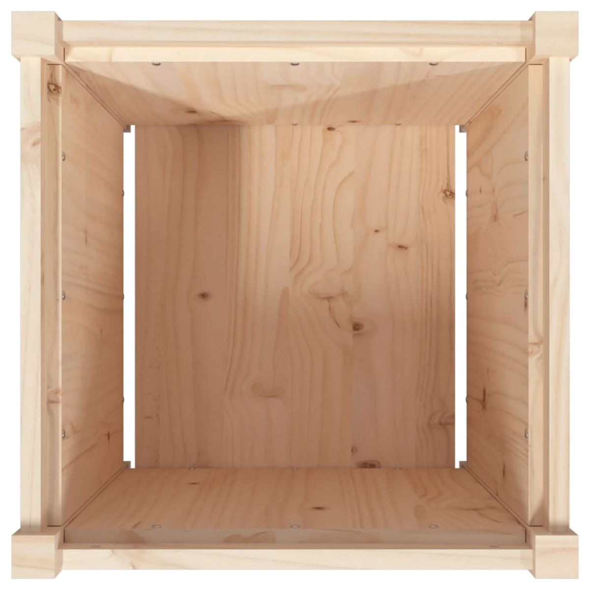 Innenraum einer Holzkiste. Hellbraunes Holz, natürliche Maserung sichtbar. Rechteckige Form. Offene Front mit Seiten- und Rückwänden. Sauber und einfach.