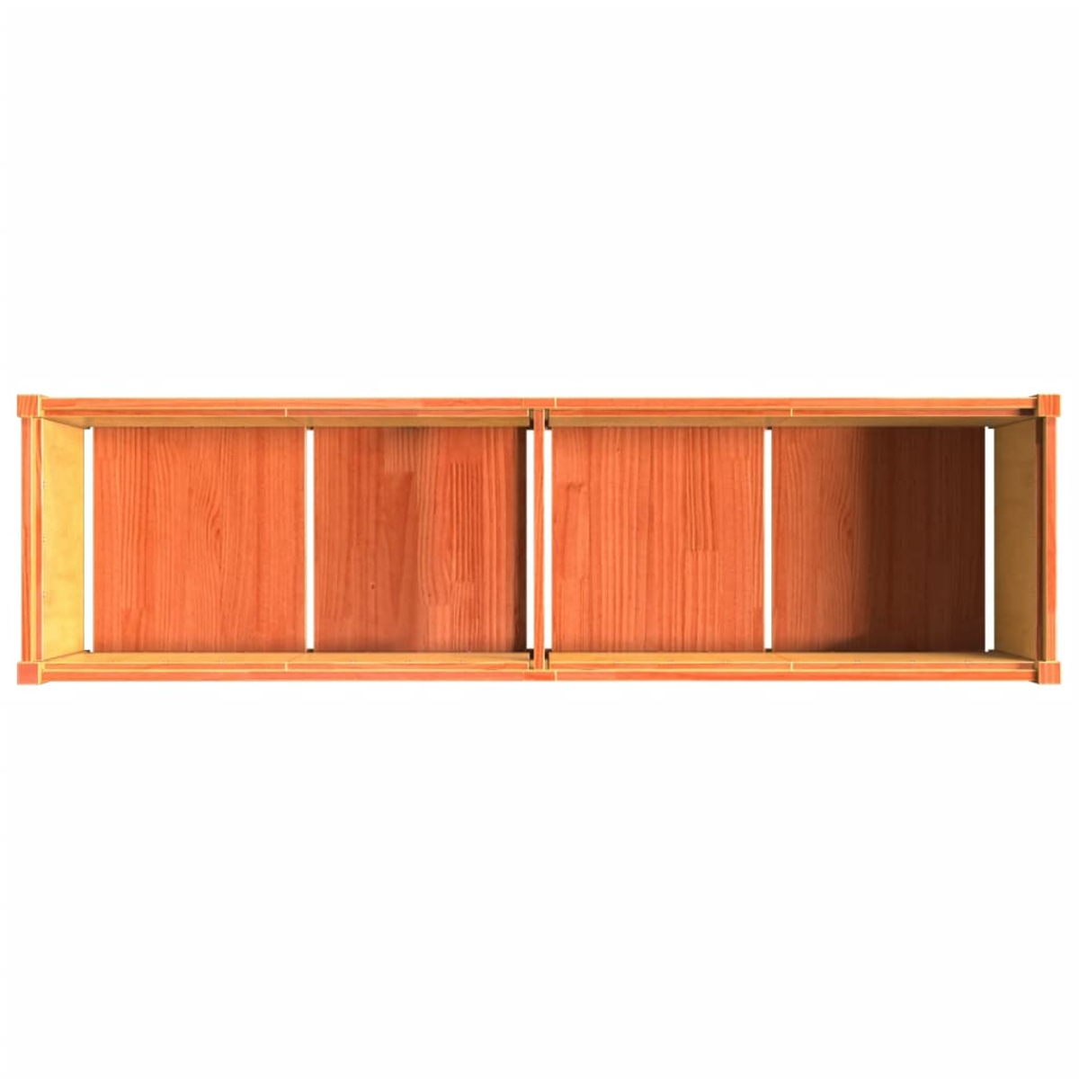 Vier offene Holzkisten in einer Reihe. Sie sind orange-braun mit sichtbarer Holzmaserung. Der Hintergrund ist schlicht weiß.