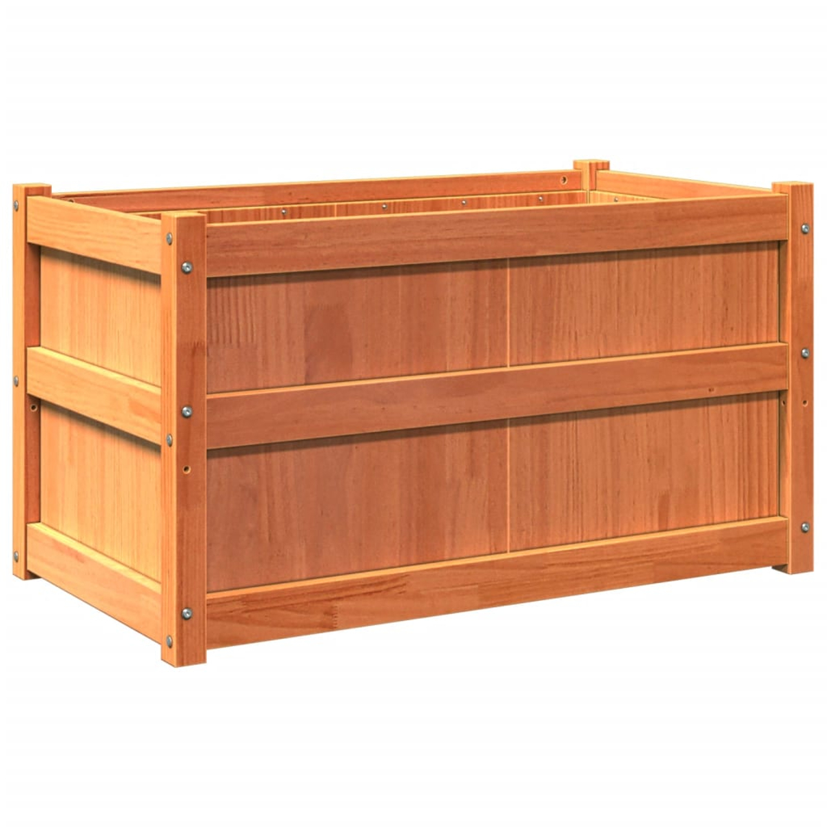 Eine rechteckige Pflanzkasten aus Holz. Es hat eine natürliche Holzfarbe mit horizontalen und vertikalen Holzplanken, die mit Schrauben befestigt sind.