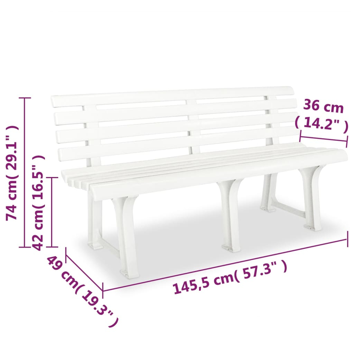 Eine weiße Parkbank mit Lattenrücken und -sitz. Abmessungen: 145,5 cm lang, 74 cm hoch, 49 cm tief und 36 cm breit.
