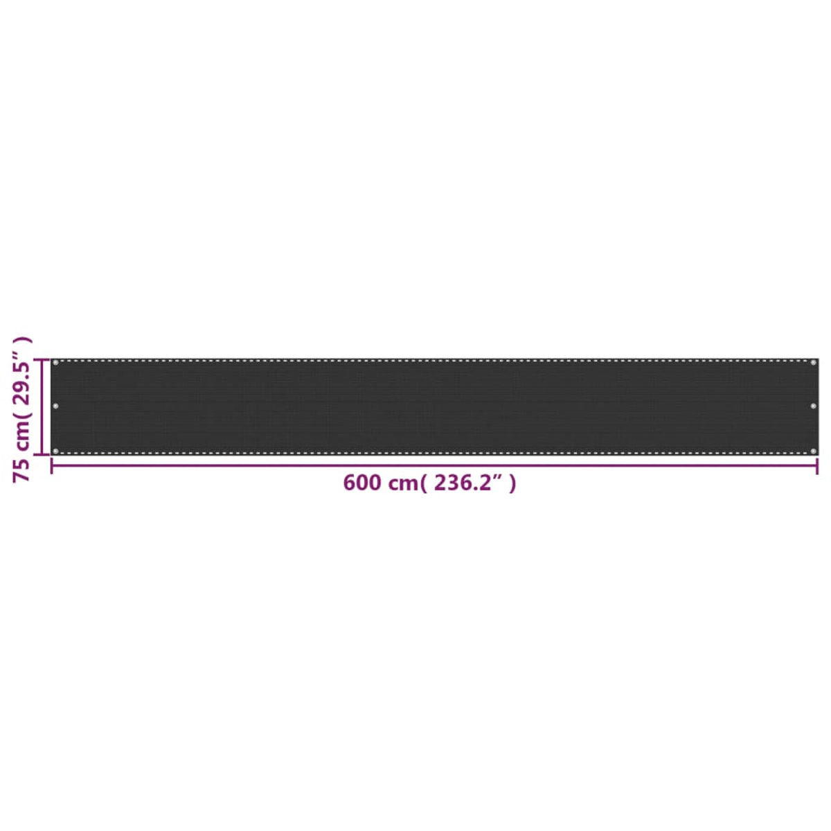 Ein langes, dunkelgraues rechteckiges Gewebe mit Ösen. Abmessungen sind 75 cm (29,5") x 600 cm (236,2").