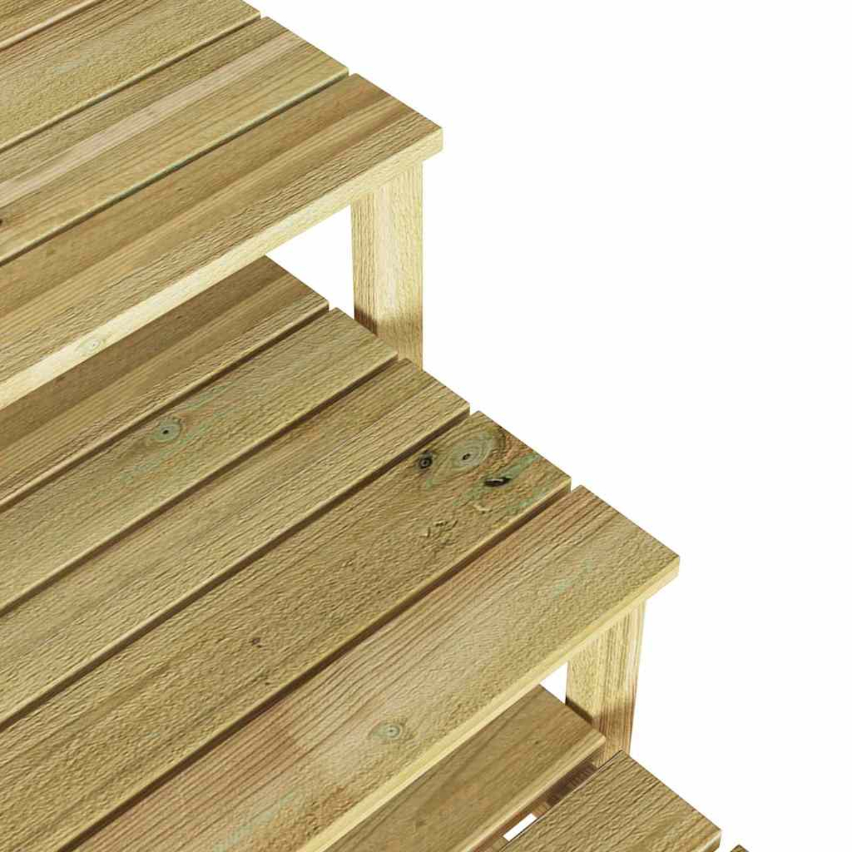 Holztreppe. Jede Stufe besteht aus parallelen Holzbohlen. Der Hintergrund ist weiß.