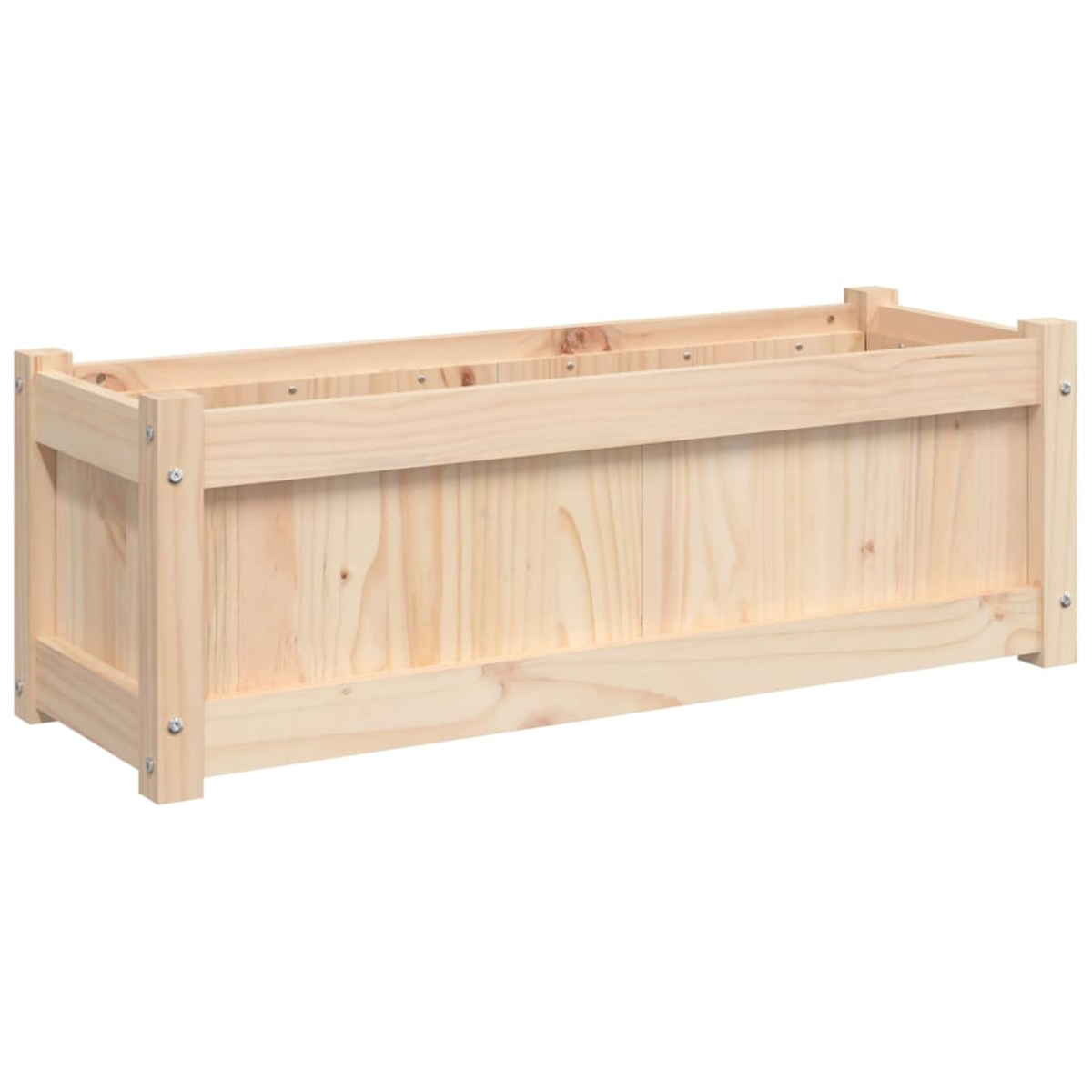 Eine rechteckige Holzpflanzkiste aus hellem Holz. Sie hat ein schlichtes Design mit sichtbaren Verbindungen und Schrauben.