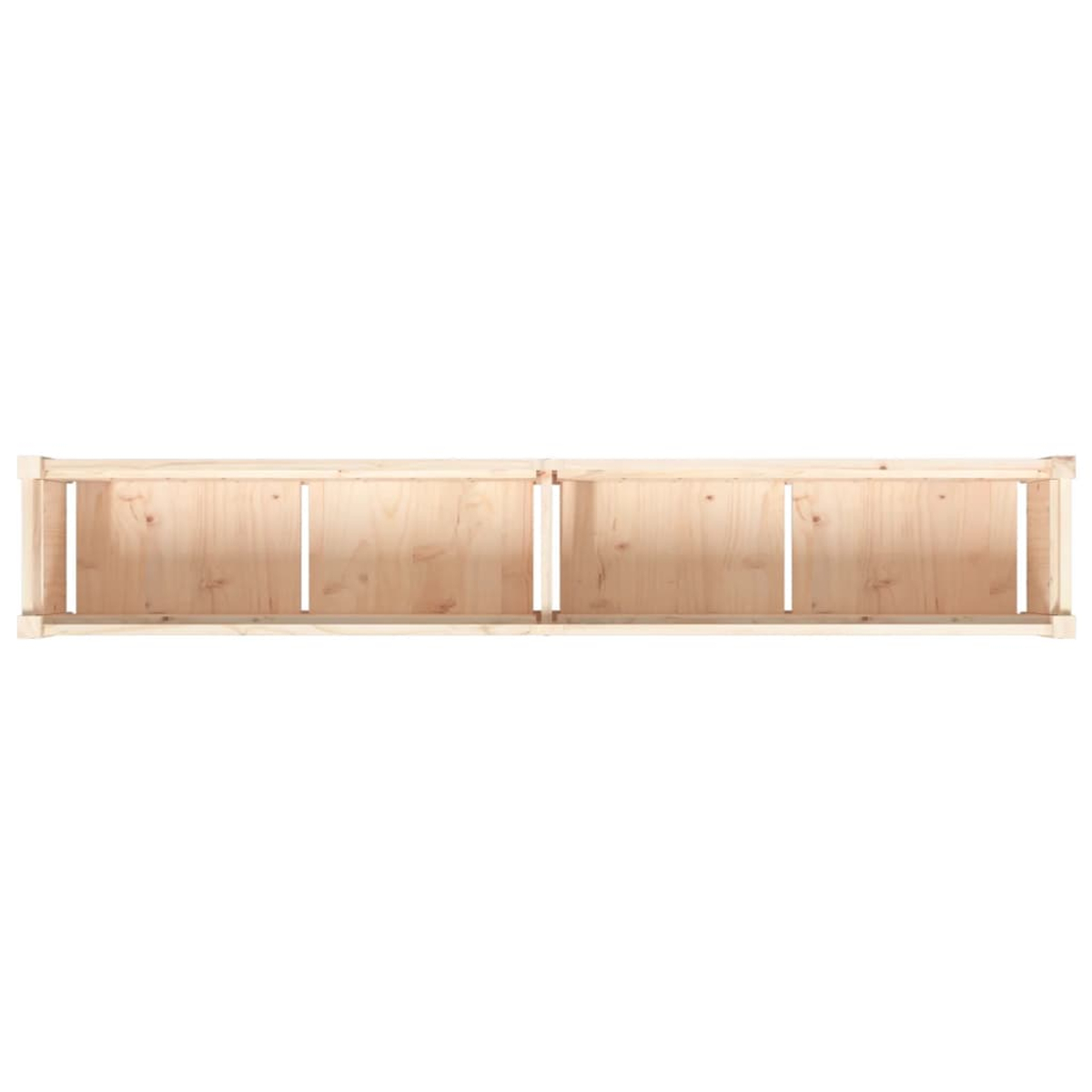 Eine lange Holzkiste, durch vertikale Lamellen unterteilt. Das Holz ist hellbraun. Weißer Hintergrund.