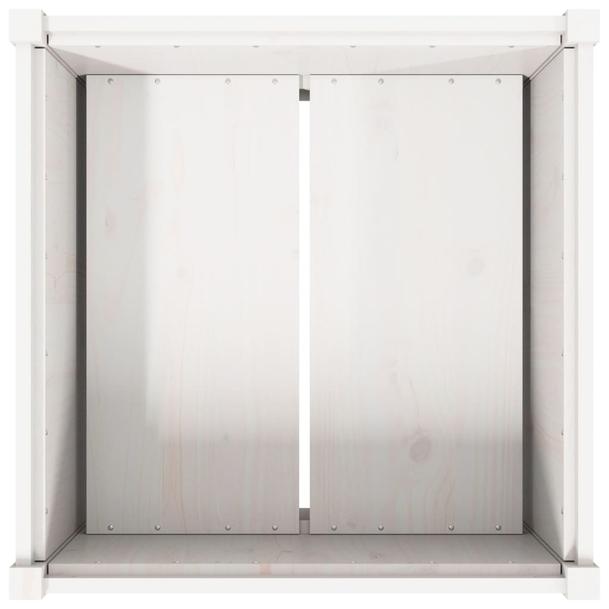 Ein weißer Holzschrank mit zwei Türen. Die Türen sind geschlossen. Der Schrank ist leer und hat ein schlichtes Design.