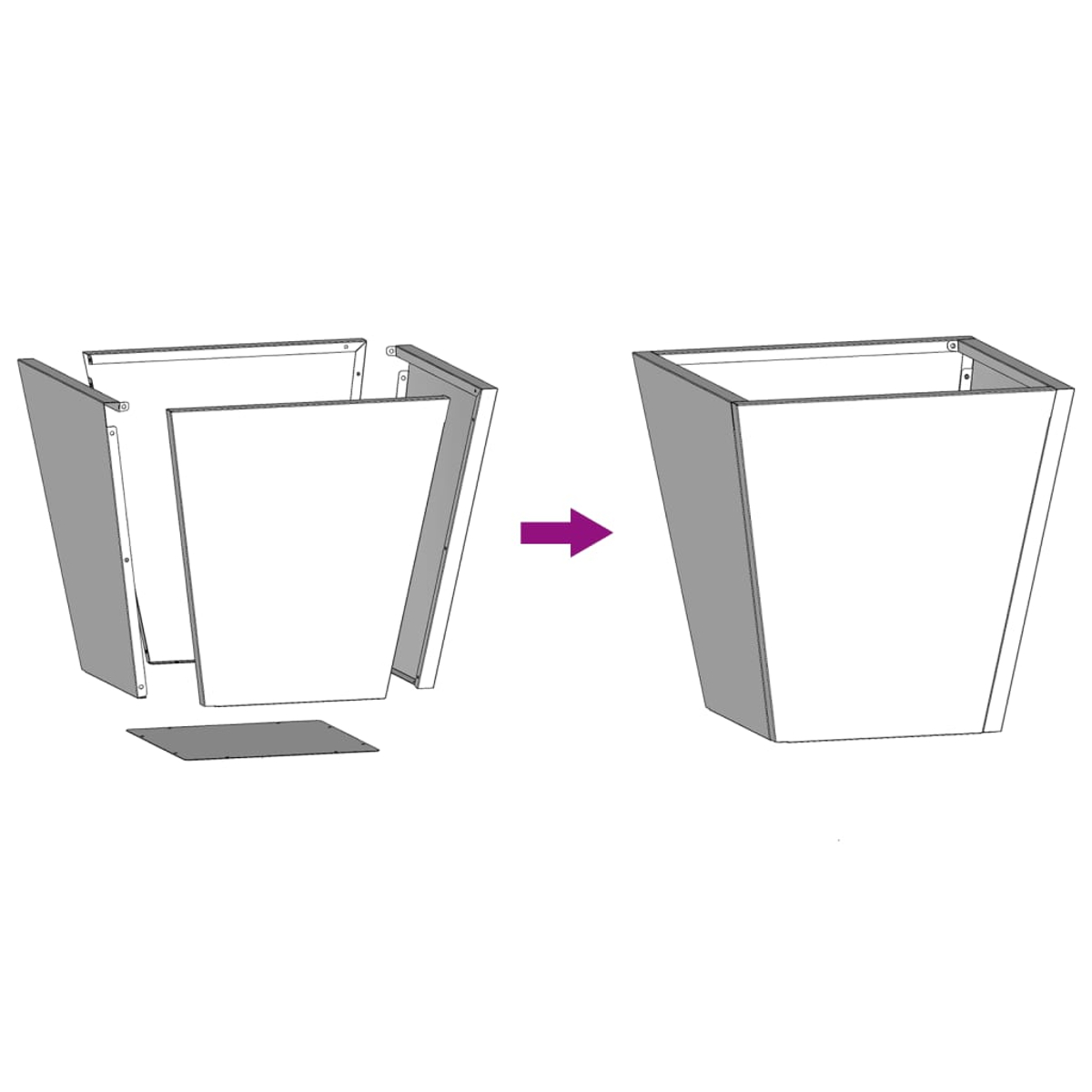 Diagramma che mostra l'assemblaggio di una fioriera grigia. Componenti separati a sinistra, assemblati a destra, con freccia direzionale.