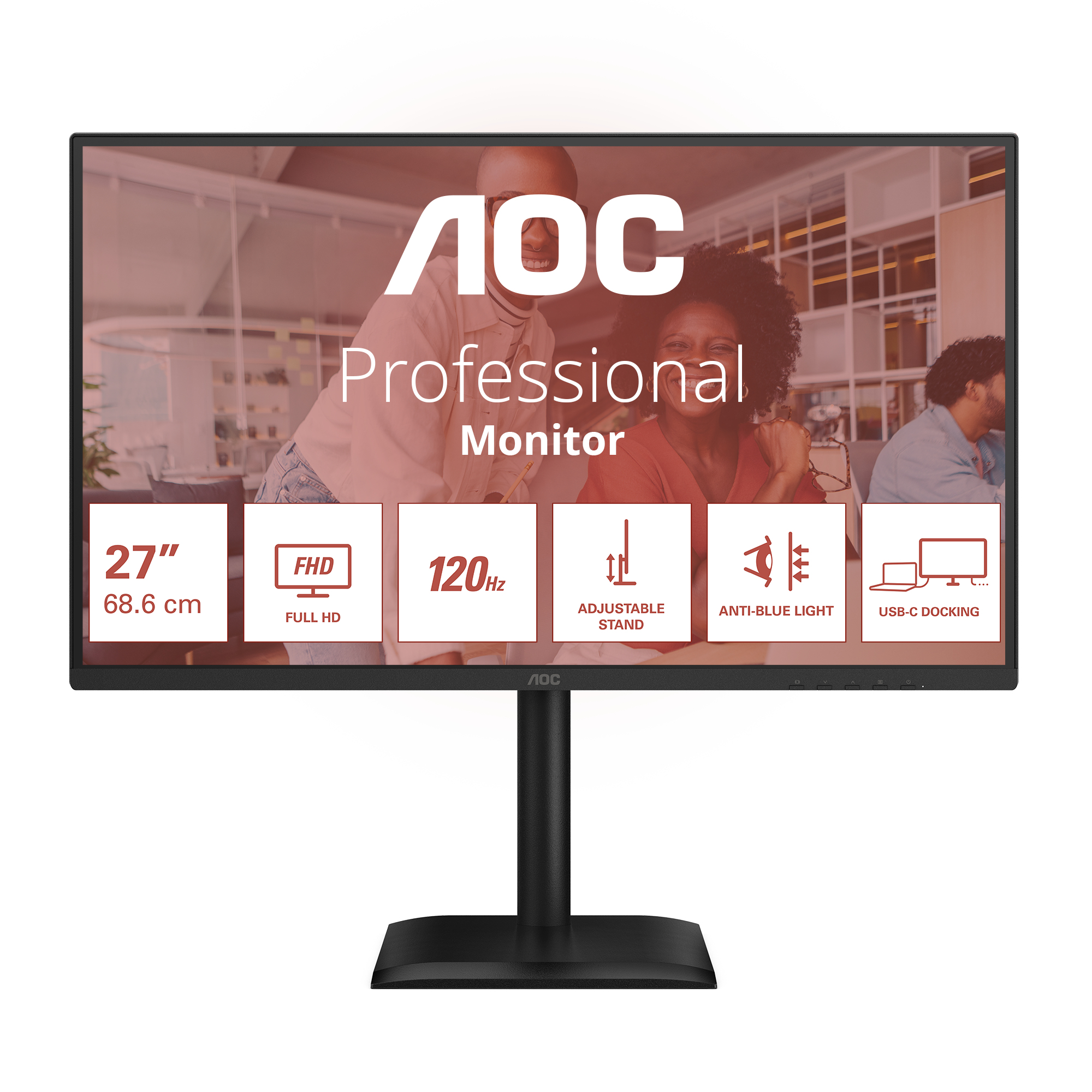 Monitor AOC Professional. Cechy: 27", FHD, 120Hz, regulowana podstawa, filtr światła niebieskiego i USB-C docking. Ludzie w tle.