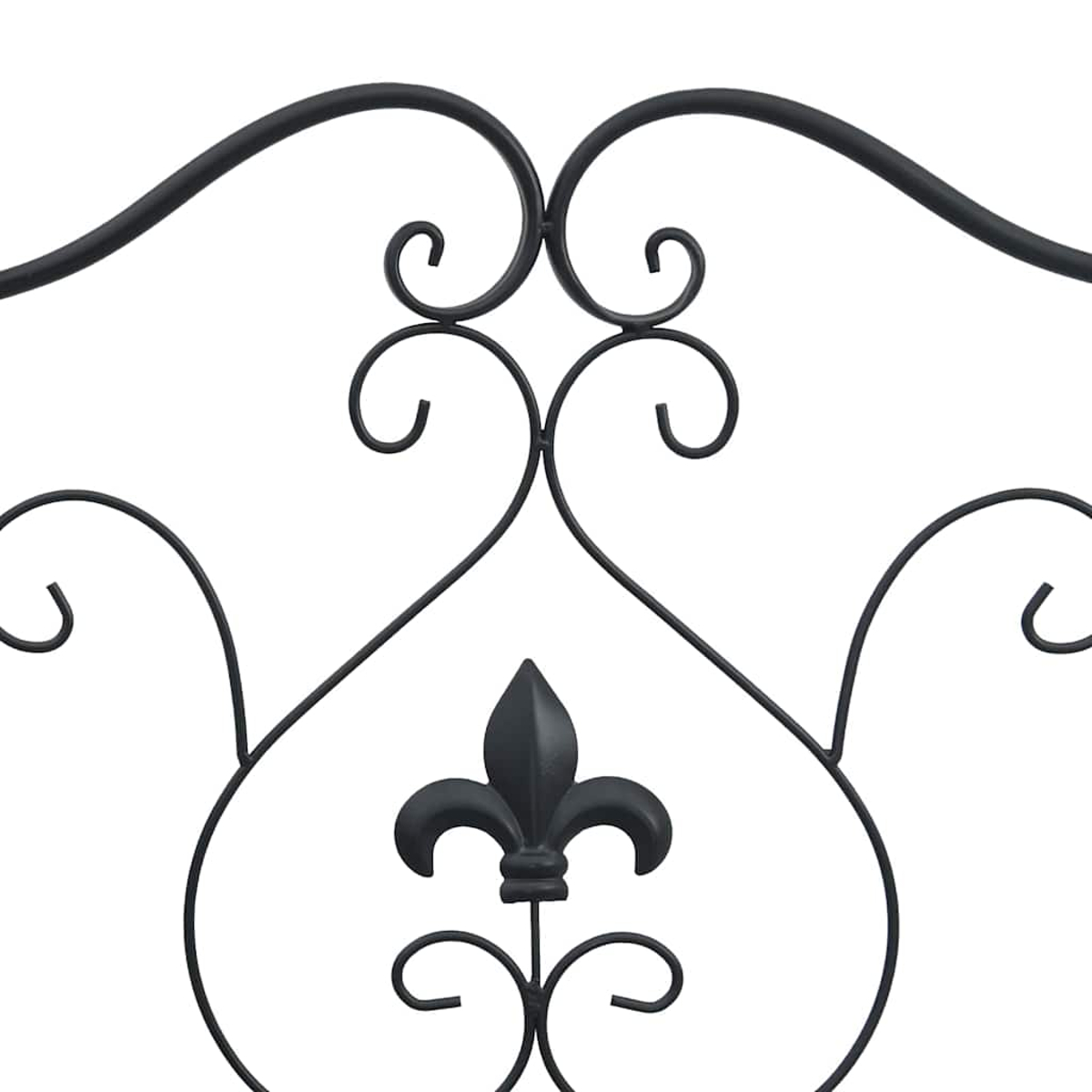 Elemento decorativo de hierro forjado negro con flor de lis y volutas sobre fondo blanco.