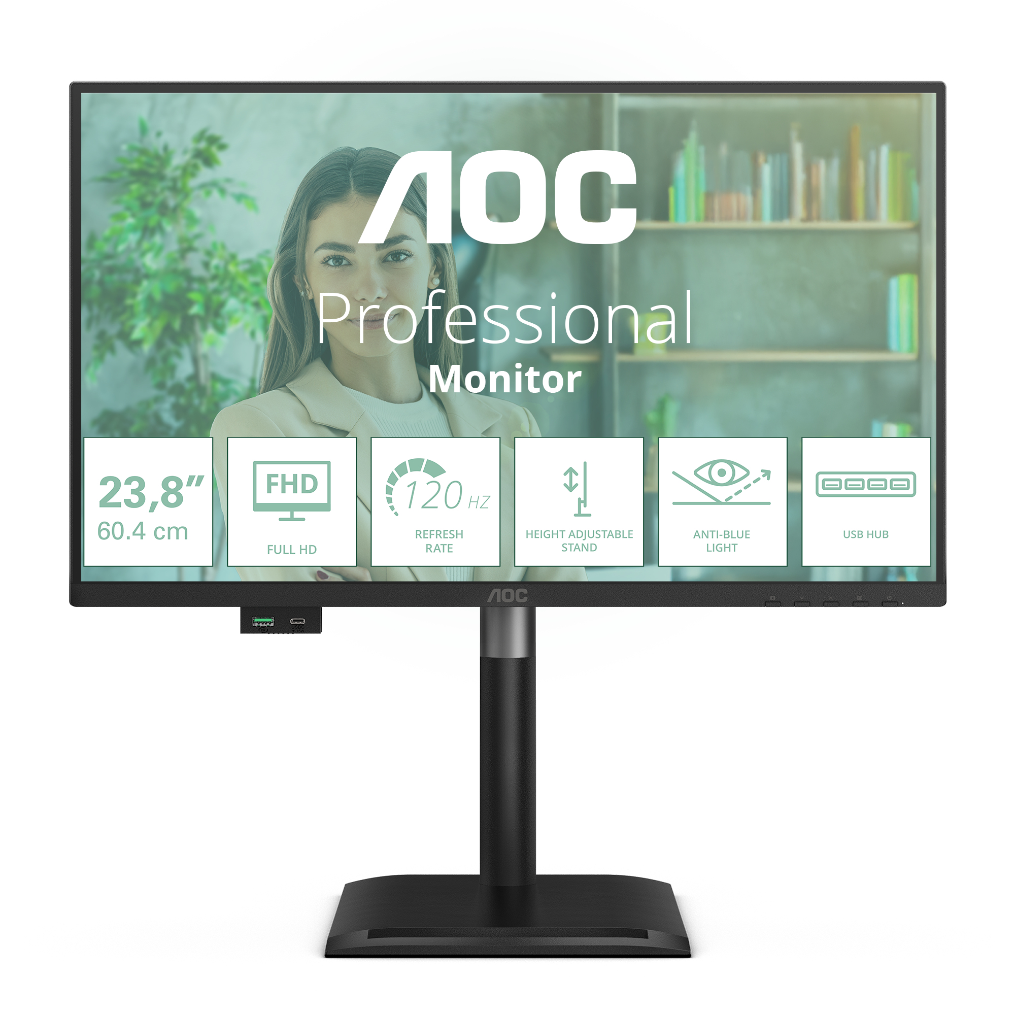 Monitor profesjonalny AOC. Czarny ekran z wizerunkiem kobiety i ikonami funkcji, takich jak 120 Hz, światło antyniebieskie i hub USB.
