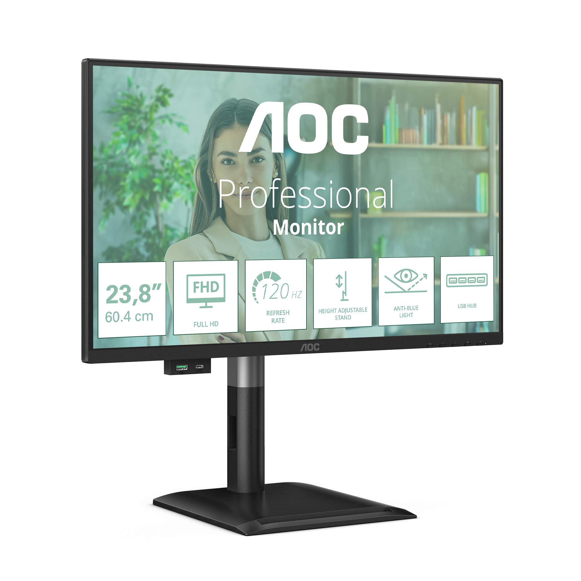 Monitor AOC Professional. Pokazuje twarz kobiety. Funkcje obejmują 23,8", FHD, 120Hz, regulowaną wysokość podstawki i hub USB.