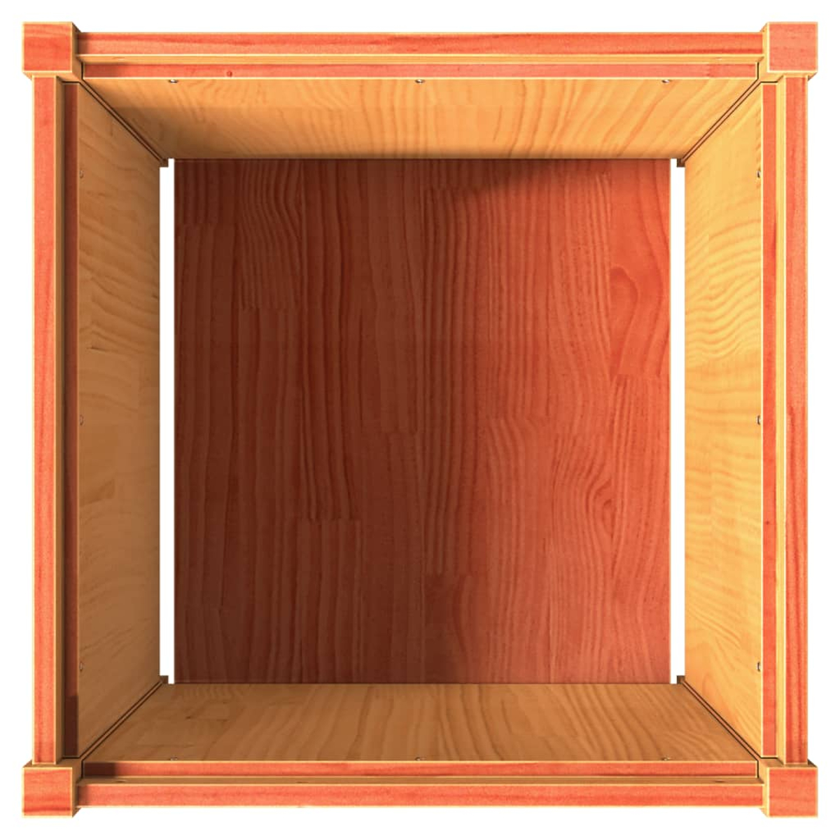 Draufsicht auf eine leere Holzkiste. Innen und Seiten sind rotbraun, die Außenkanten heller.