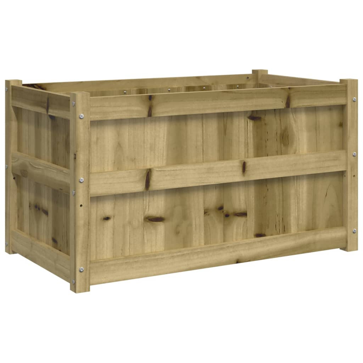 Eine rechteckige Holz-Pflanzkasten. Er besteht aus hellbraunem Holz mit sichtbaren Maserungen und Ästen. Die Kiste ist leer und steht auf weißem Untergrund.