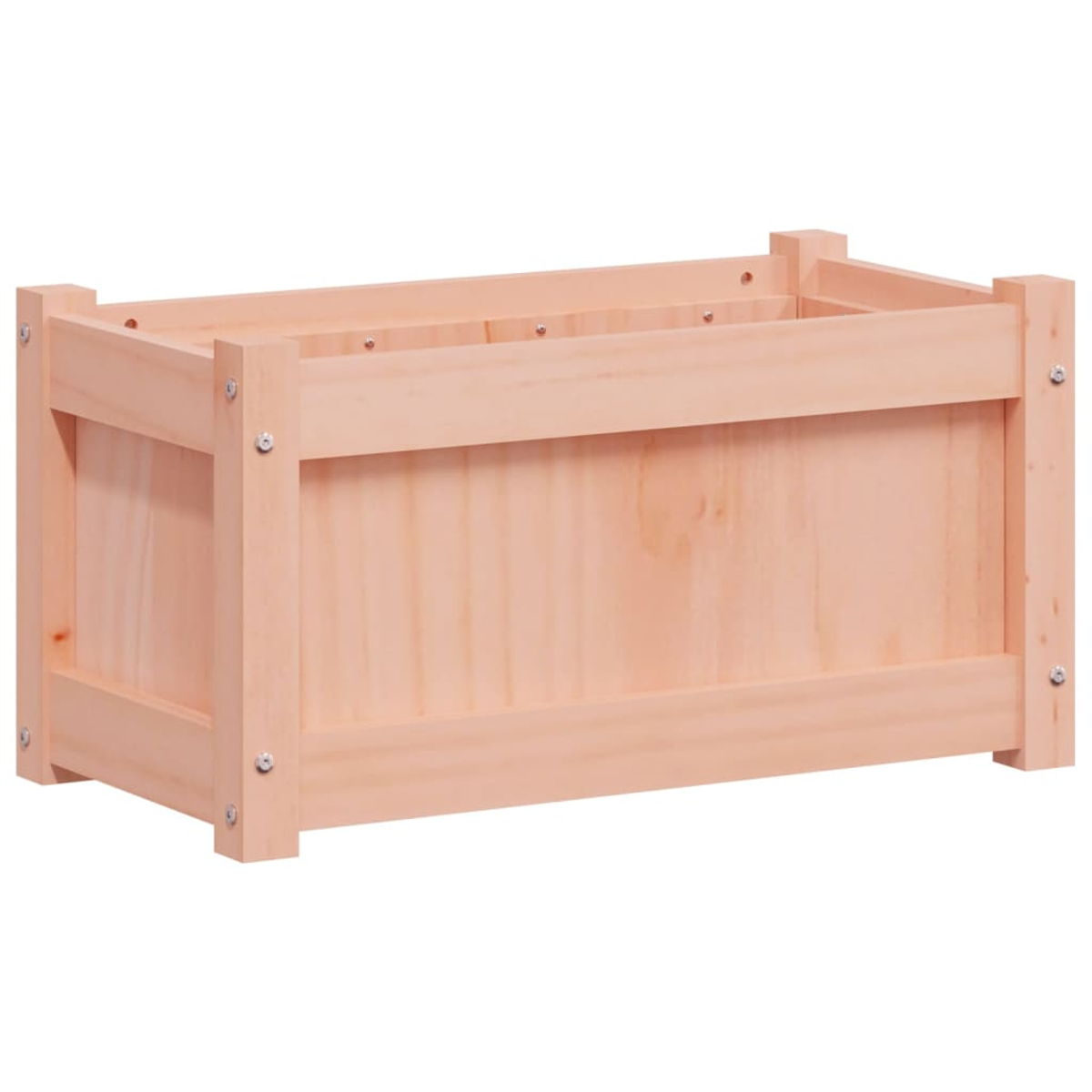 Rechteckige Holzkiste. Hellbraune Farbe, sichtbare Holzmaserung. Vier Eckpfosten und horizontale Bretter bilden die Struktur. Schrauben sichtbar.