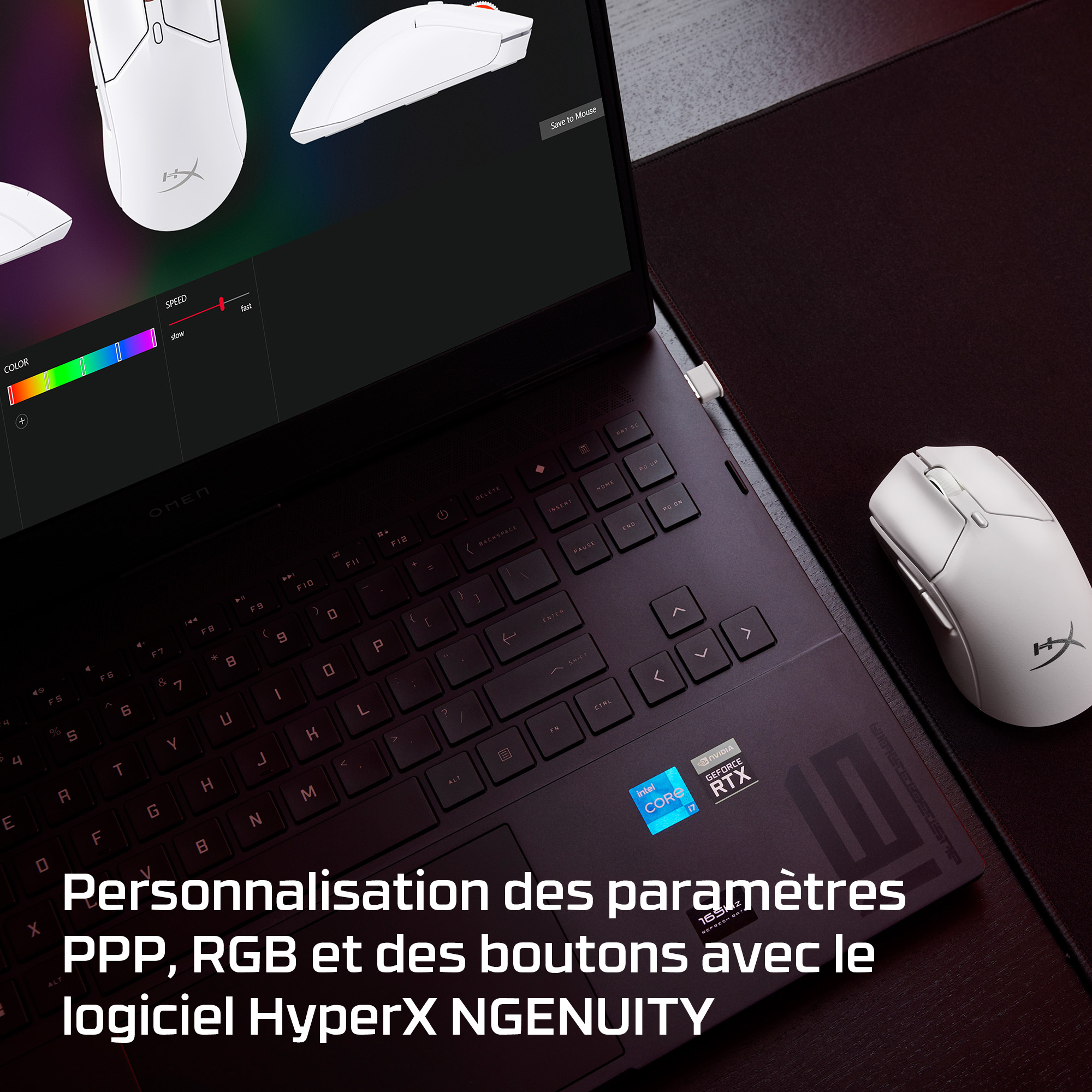 Laptop wyświetla białą mysz, ustawienia kolorów i tekst 'Personnalisation des paramètres PPP, RGB...'