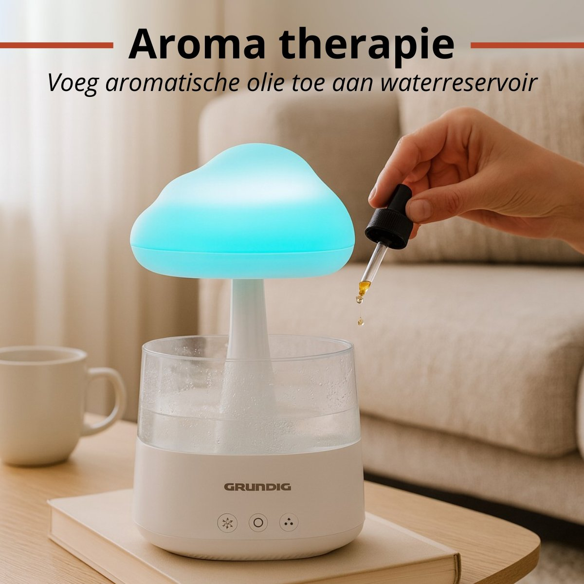 Aroma therapy setup. A person adds oil to an aroma diffuser. The diffuser is mushroom-shaped, with a glowing blue top. 