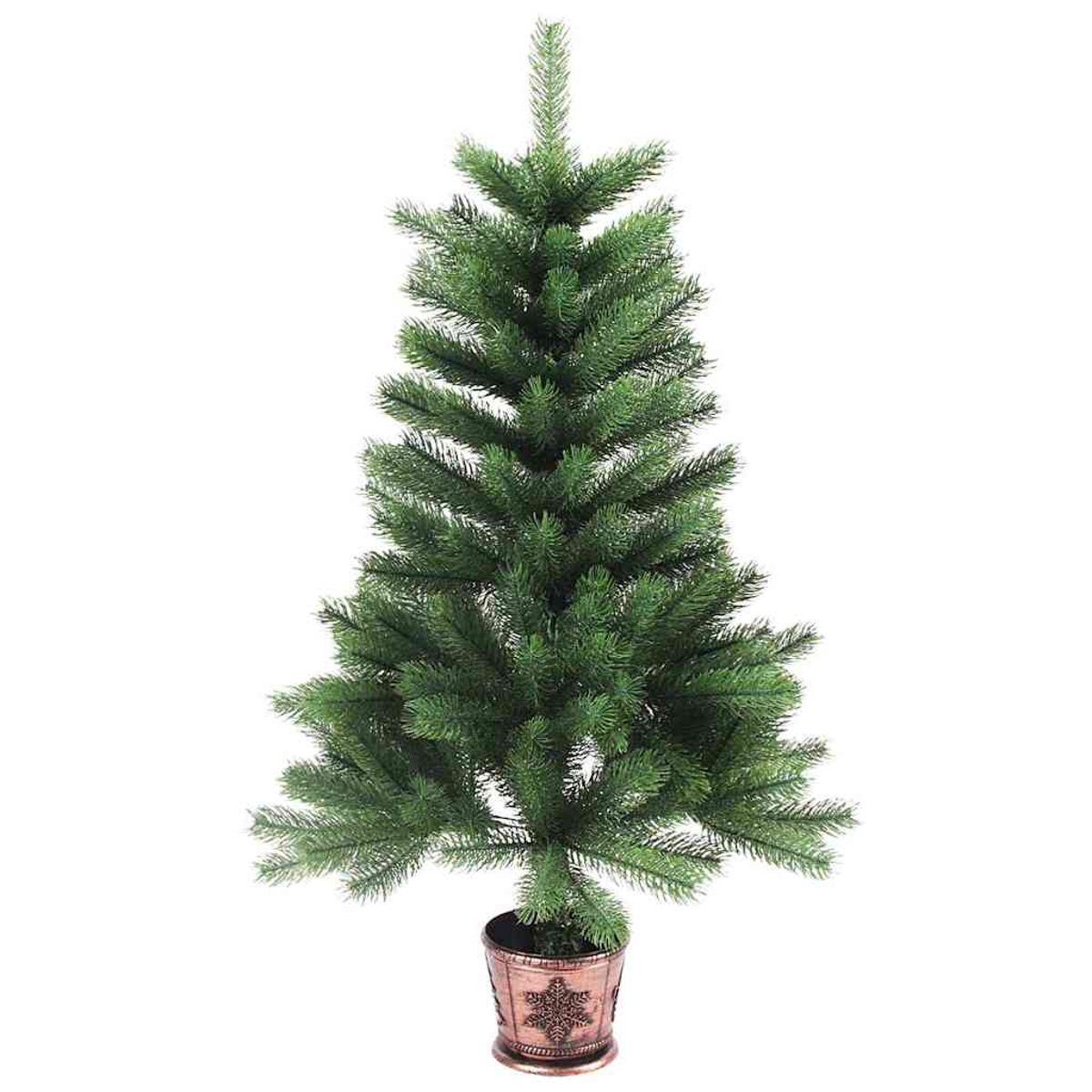 Ein kleiner, grüner Weihnachtsbaum in einem dekorativen Bronzetopf mit Schneeflockenmuster auf weißem Hintergrund.