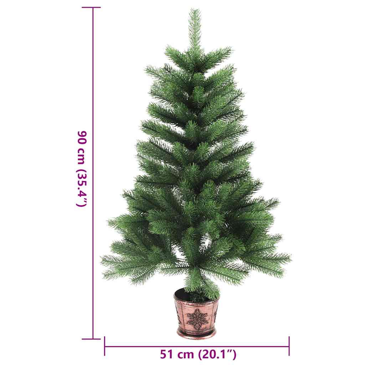 Ein kleiner künstlicher Weihnachtsbaum in einem Kupfertopf. Der Baum ist grün und 90 cm hoch. Der Topf hat ein Schneeflockenmuster.