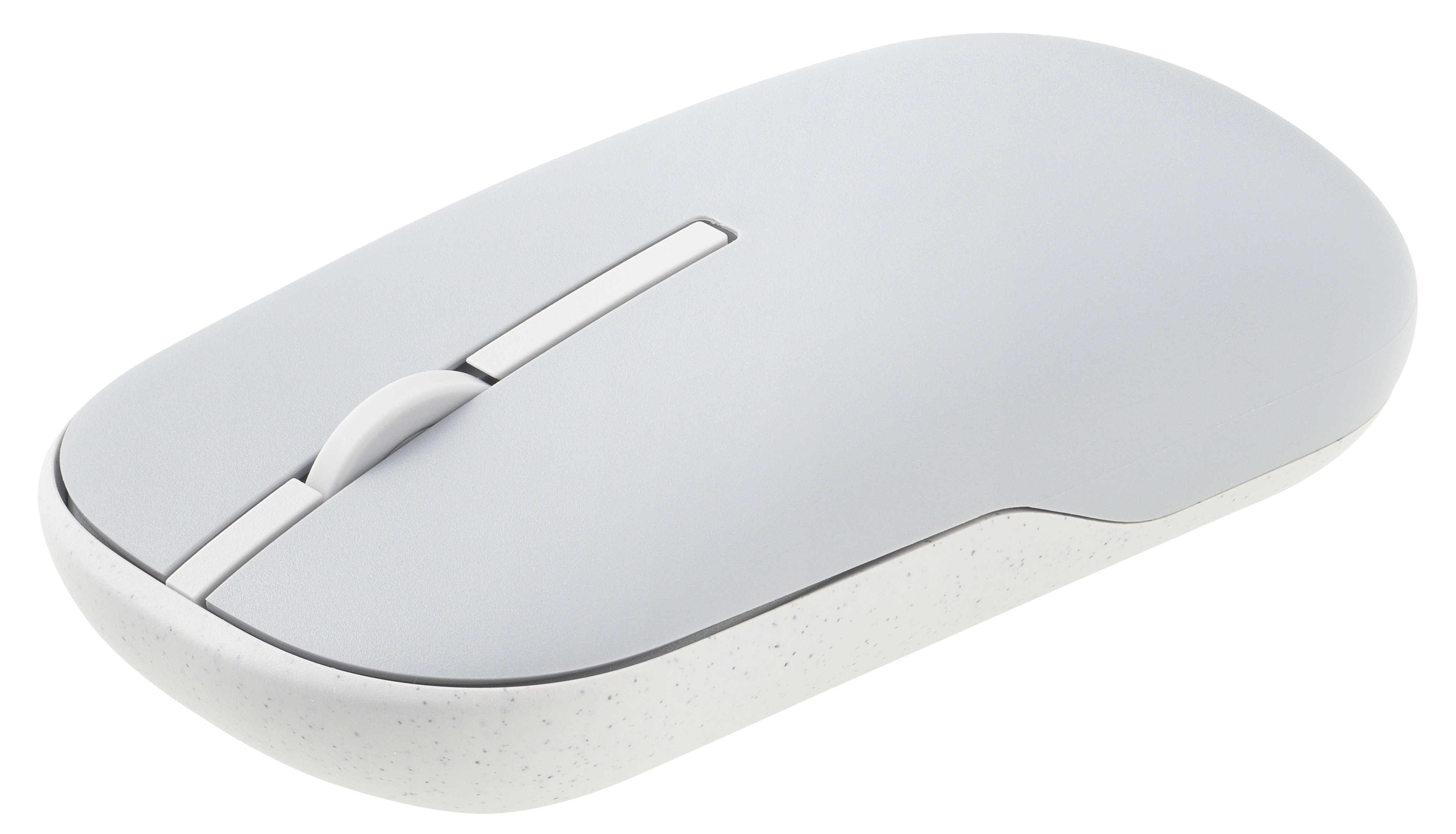 Une souris d'ordinateur sans fil gris clair. Le dessus est lisse, avec une molette et des boutons blancs. Le dessous est moucheté.