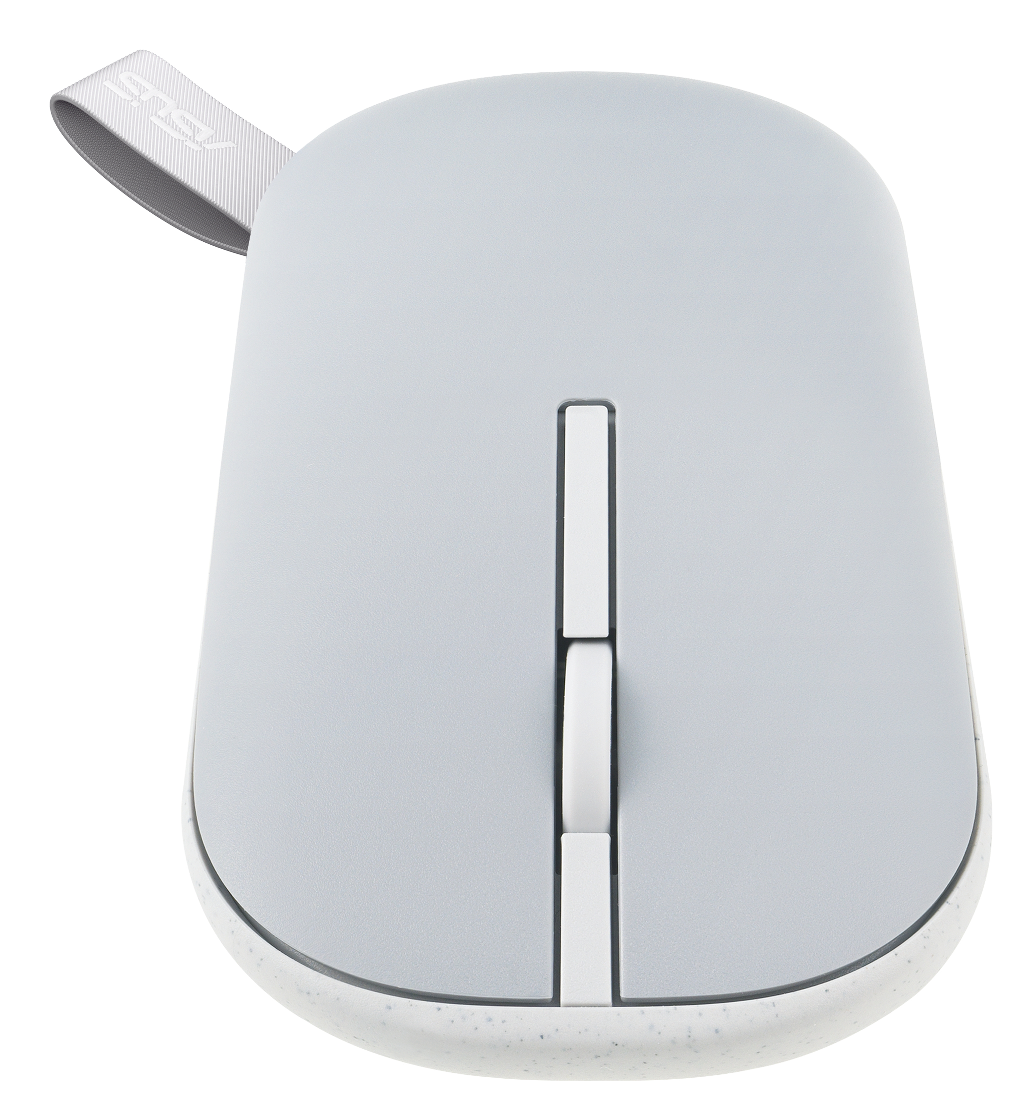 Une souris sans fil gris clair avec une molette blanche et une sangle blanche avec le logo 'ASUS'.