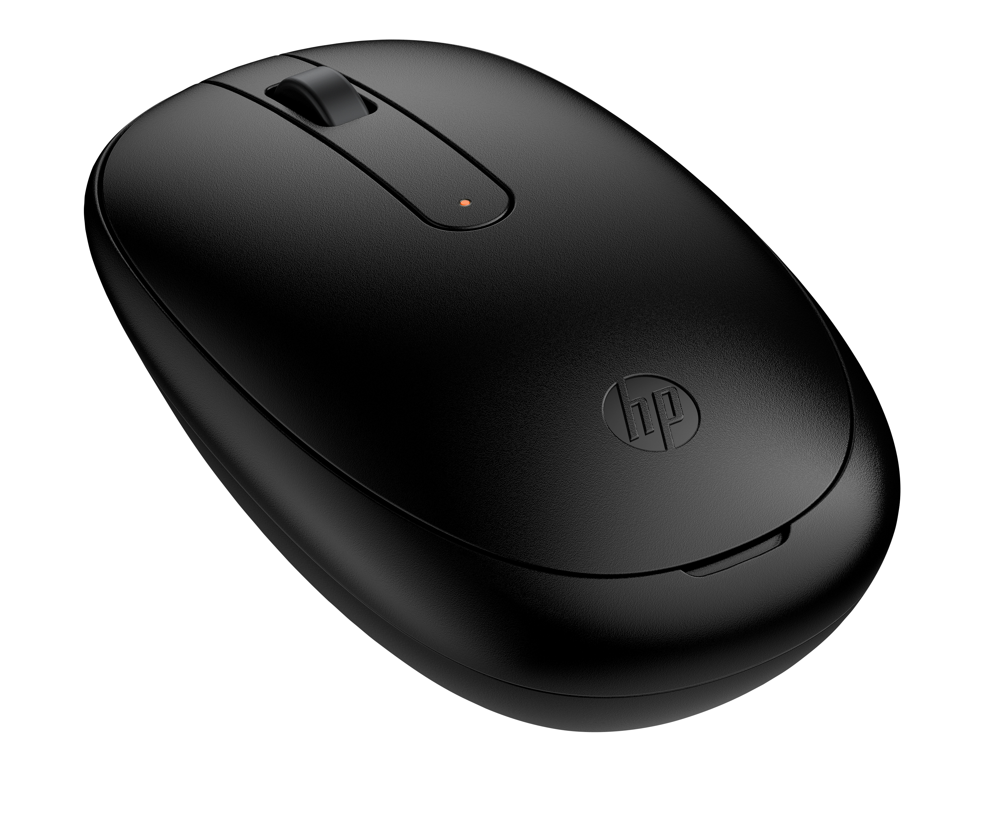 Siyah HP kablosuz fare. Kaydırma tekerleği, HP logosu ve küçük turuncu bir ışığı var.