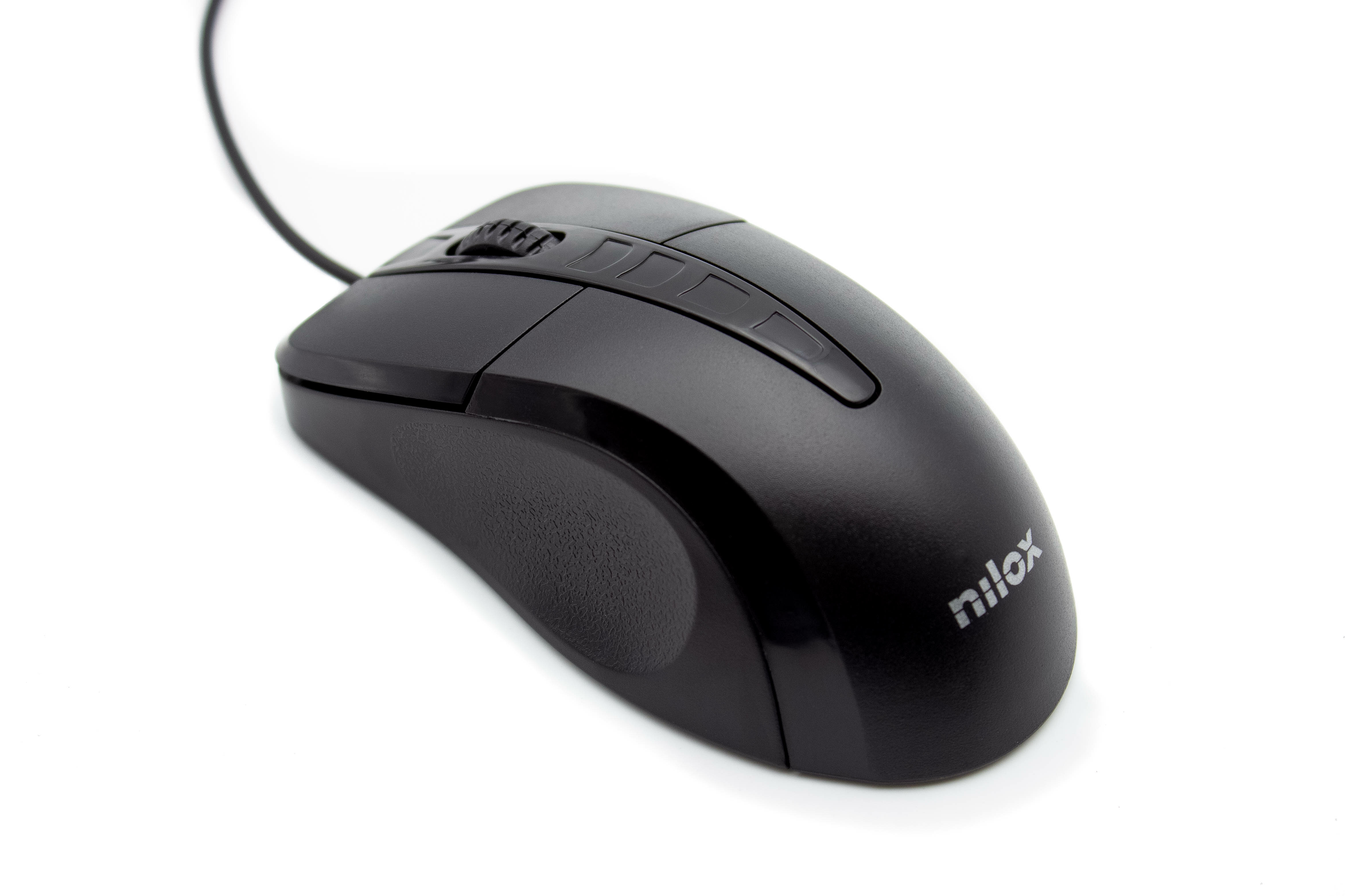 Un ratón de ordenador negro con rueda de desplazamiento, botones y cable, sobre fondo blanco. La marca 'nilox' es visible.
