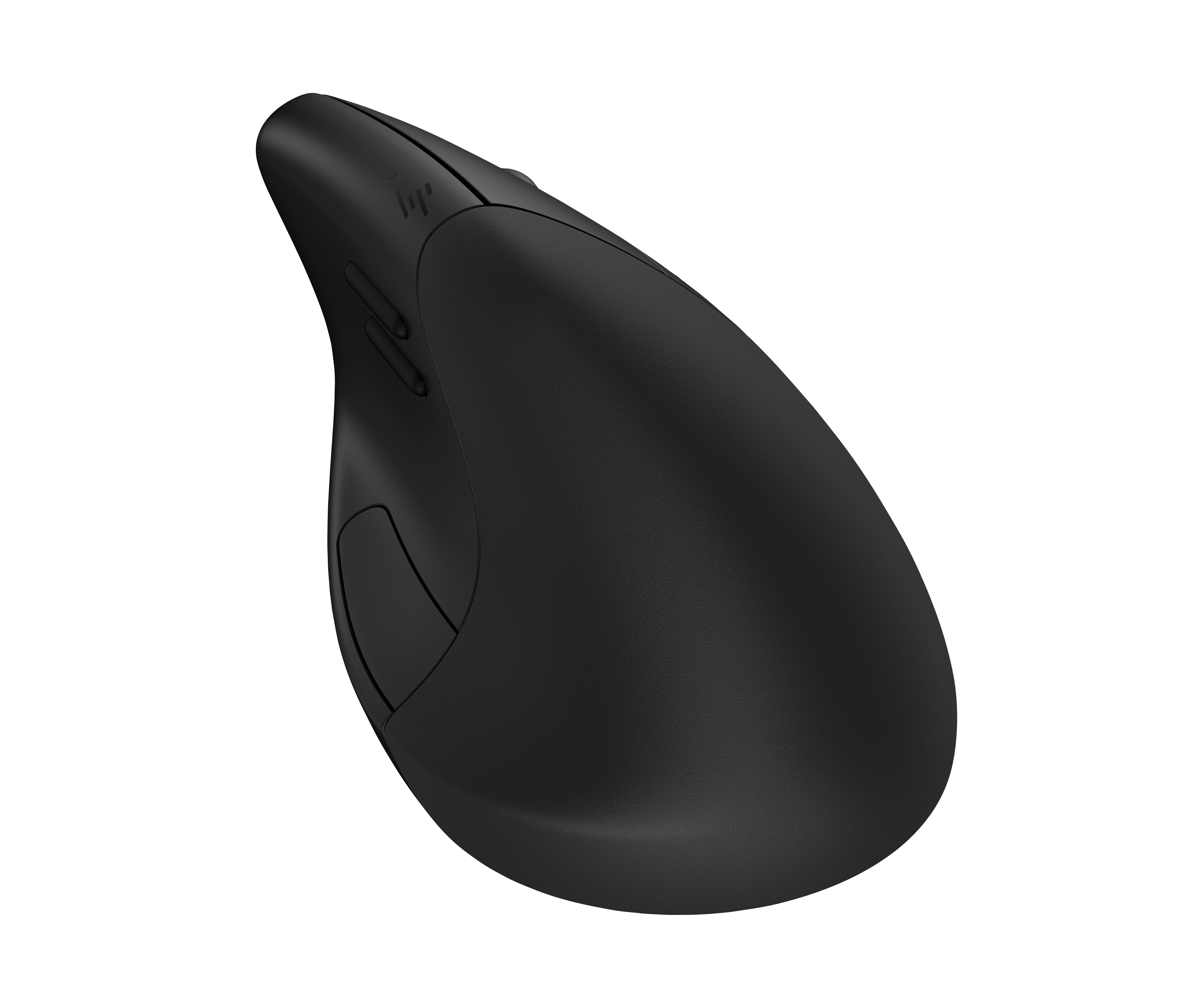 Un mouse ergonomico nero con due pulsanti laterali, un logo e una superficie strutturata, su sfondo bianco.