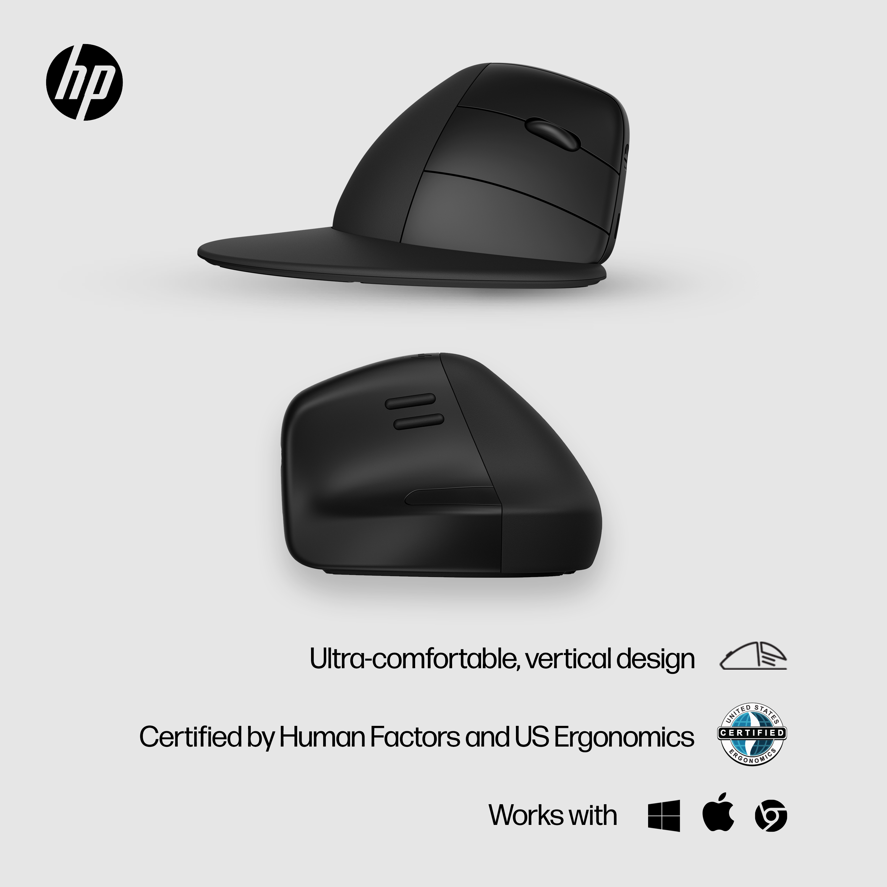 L'immagine mostra un mouse verticale nero HP. Il mouse è in due viste, con testo e loghi sottostanti.