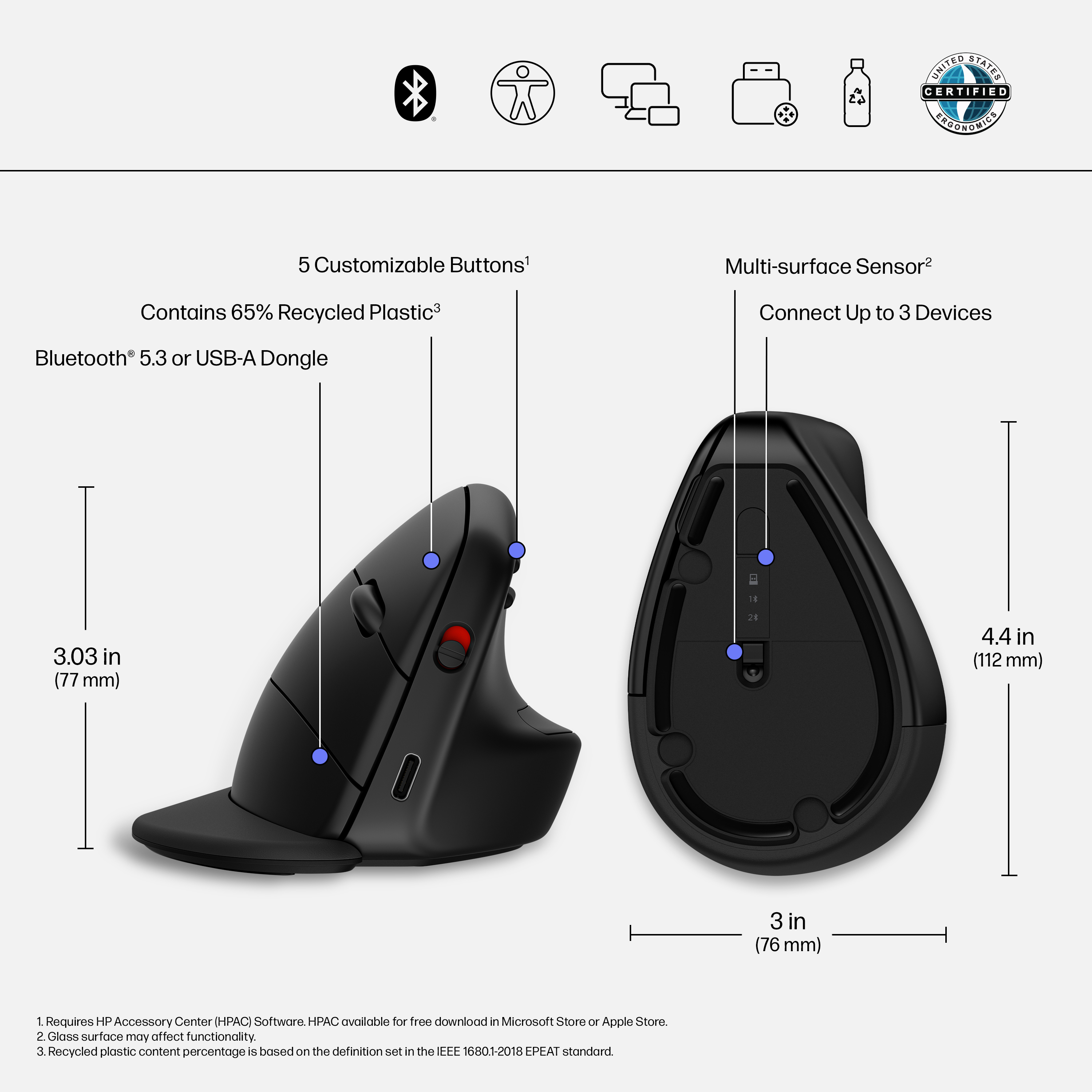 Mouse ergonomico nero con pulsanti e dimensioni etichettate. Dispone di Bluetooth 5.3, dongle USB-A e plastica riciclata.