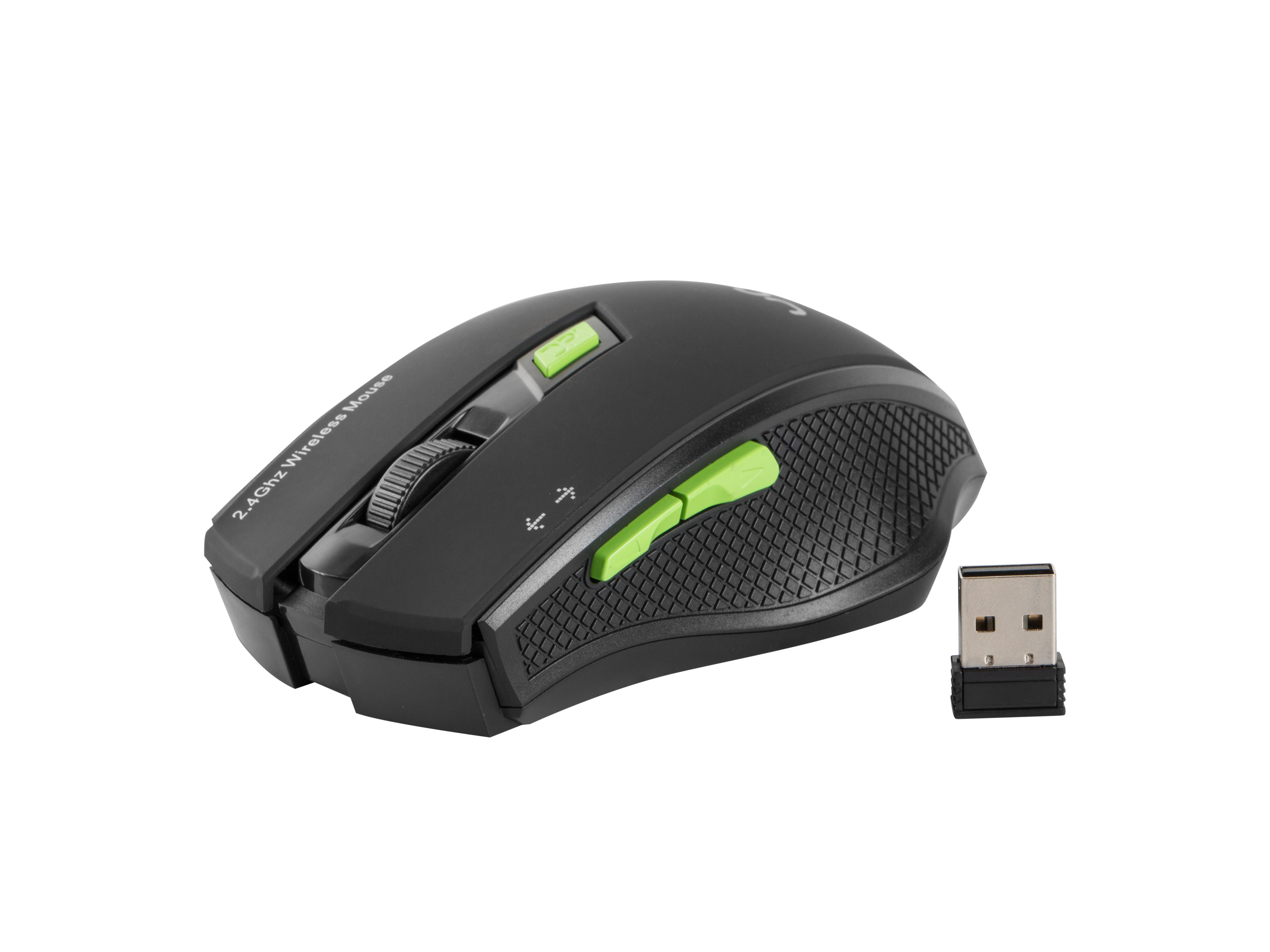 Czarna mysz bezprzewodowa z zielonymi akcentami i odbiornikiem USB na białym tle.