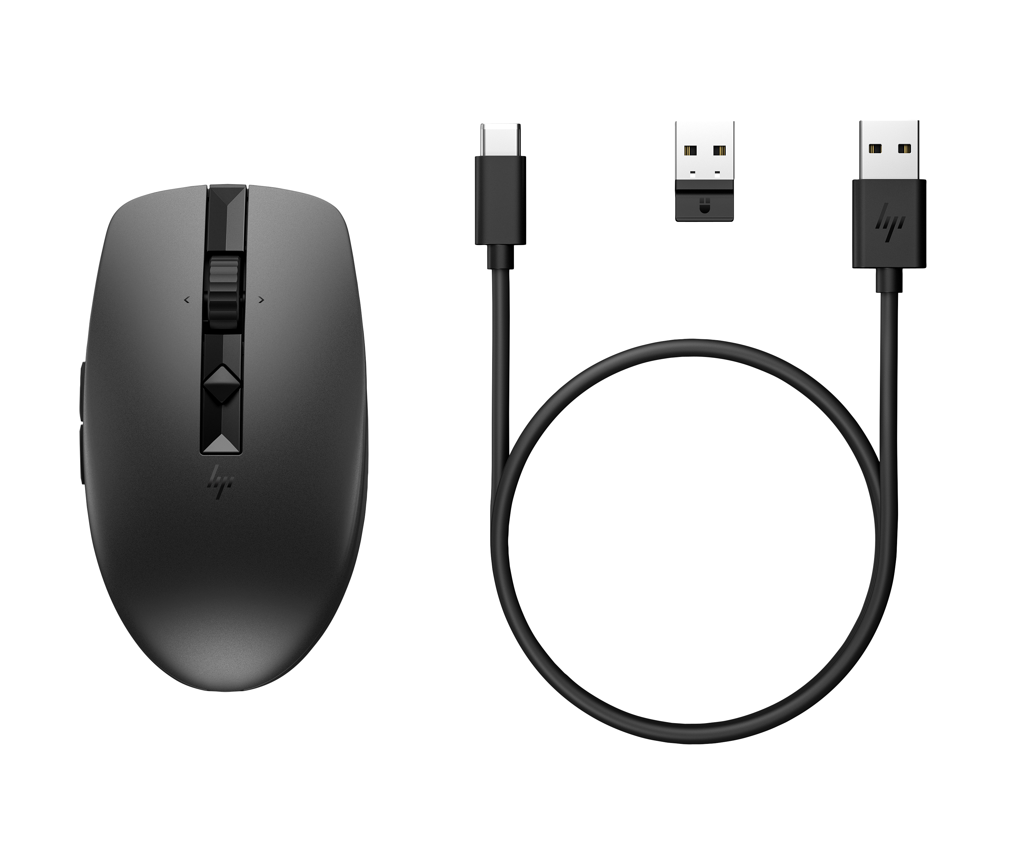 Un ratón inalámbrico negro con rueda de desplazamiento, cable USB-C, receptor USB y cable USB, todo sobre blanco.