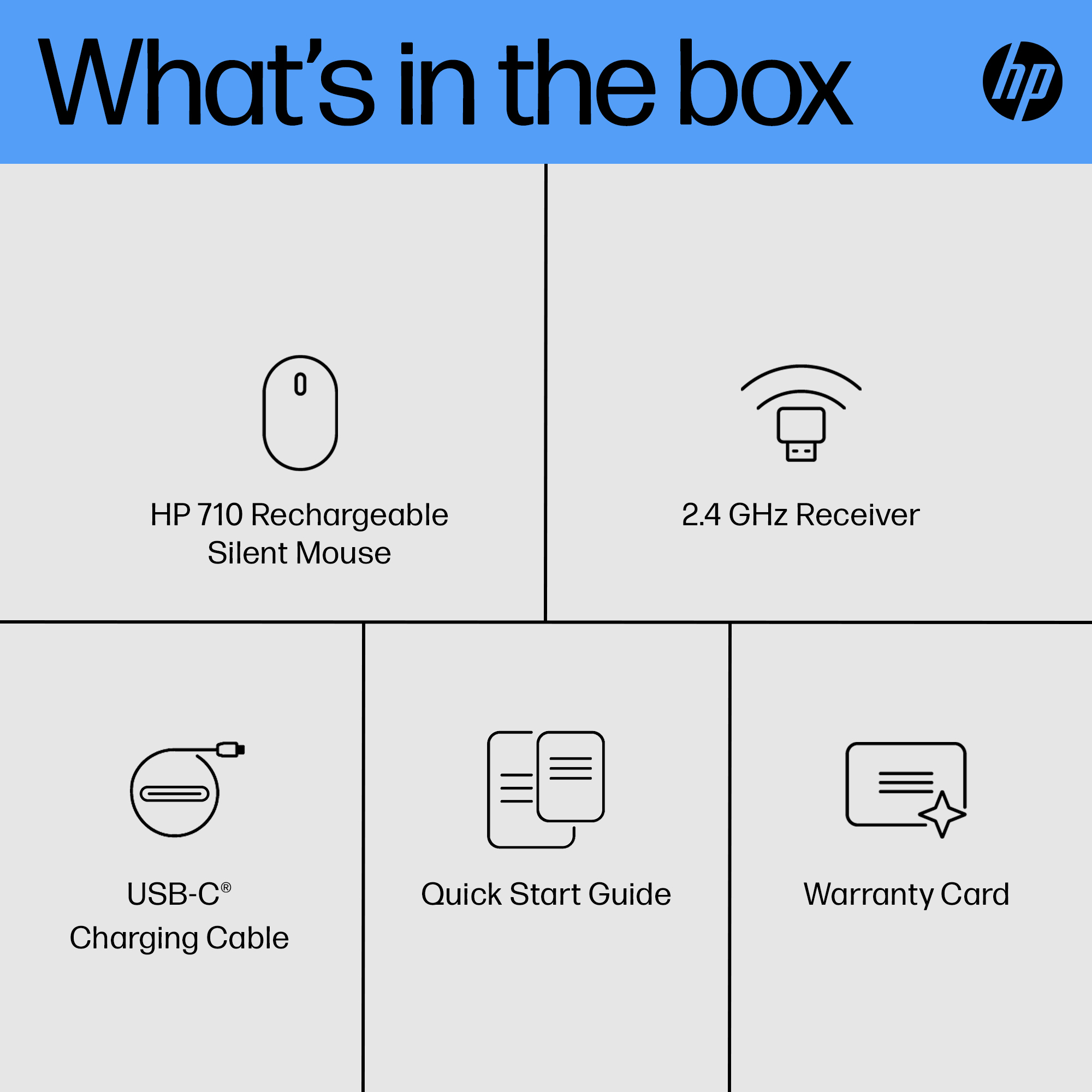 La imagen muestra el contenido de una caja HP: ratón, receptor, cable de carga, guía rápida y tarjeta de garantía.