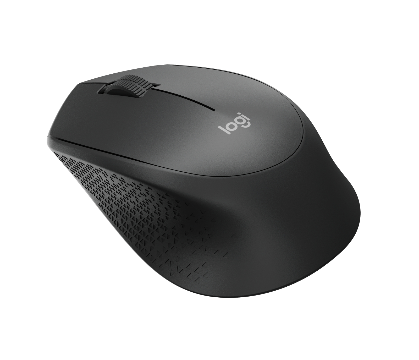 Een zwarte draadloze Logitech muis. Het heeft een scrollwiel, logo en een getextureerde zijkant voor grip.