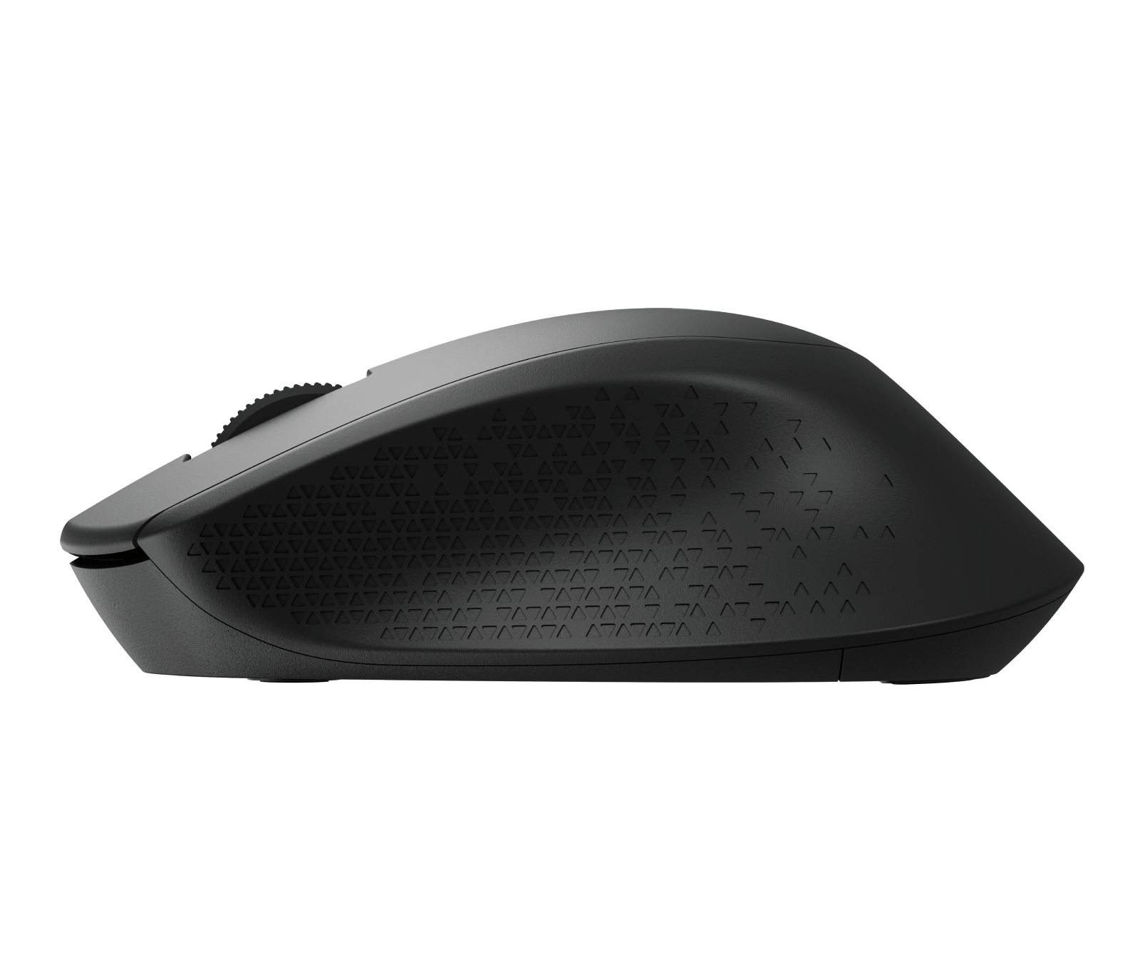 Een zwarte computermuis op een witte achtergrond. Het heeft een scrollwiel en getextureerde zijkanten.